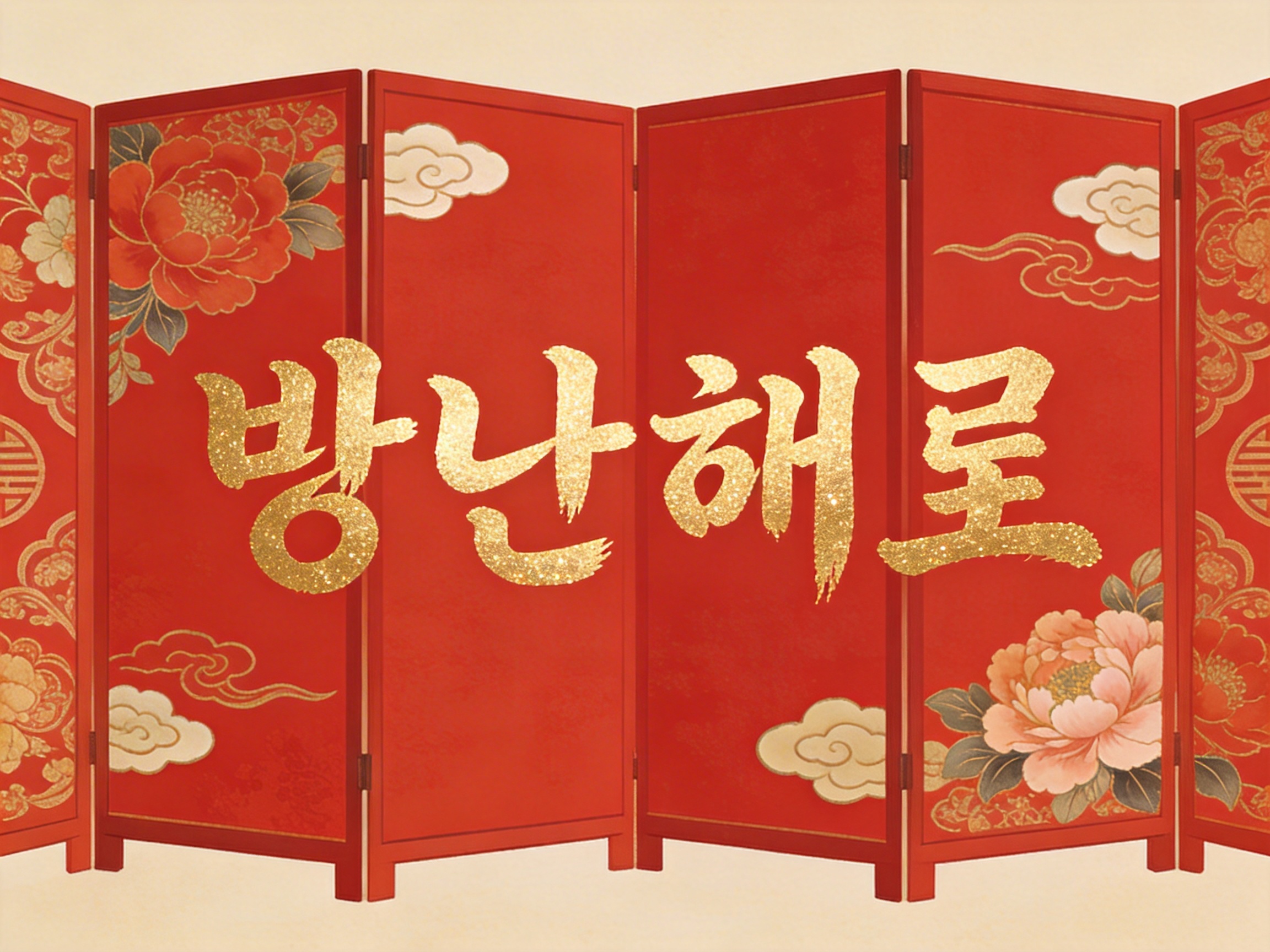画面中展示了一个具有东方传统韵味的红色折叠屏风，背景为淡雅的米白色。屏风由六扇组成，整体色调以大红色为主，边缘装饰有精美的金色花纹、祥云图案以及盛开的牡丹花，展现出喜庆、华丽的视觉风格。画面中心横跨四扇屏风，印有四个巨大的金色书法字体，字体带有明显的金属亮片质感，闪闪发光。

作为 AI 生成的图片，画面存在明显的逻辑缺陷：首先，屏风上的金色韩文字符「방난해로」并非标准词汇，属于 AI 随机生成的无意义字符组合；其次，文字的透视关系异常，文字像是平贴在屏幕层面上，并没有随着屏风扇面的折叠角度产生相应的透视形变或断裂；此外，屏风最左侧和最右侧的连接处比例失调，部分合页细节模糊，花纹在缝隙处的衔接也显得不够自然。