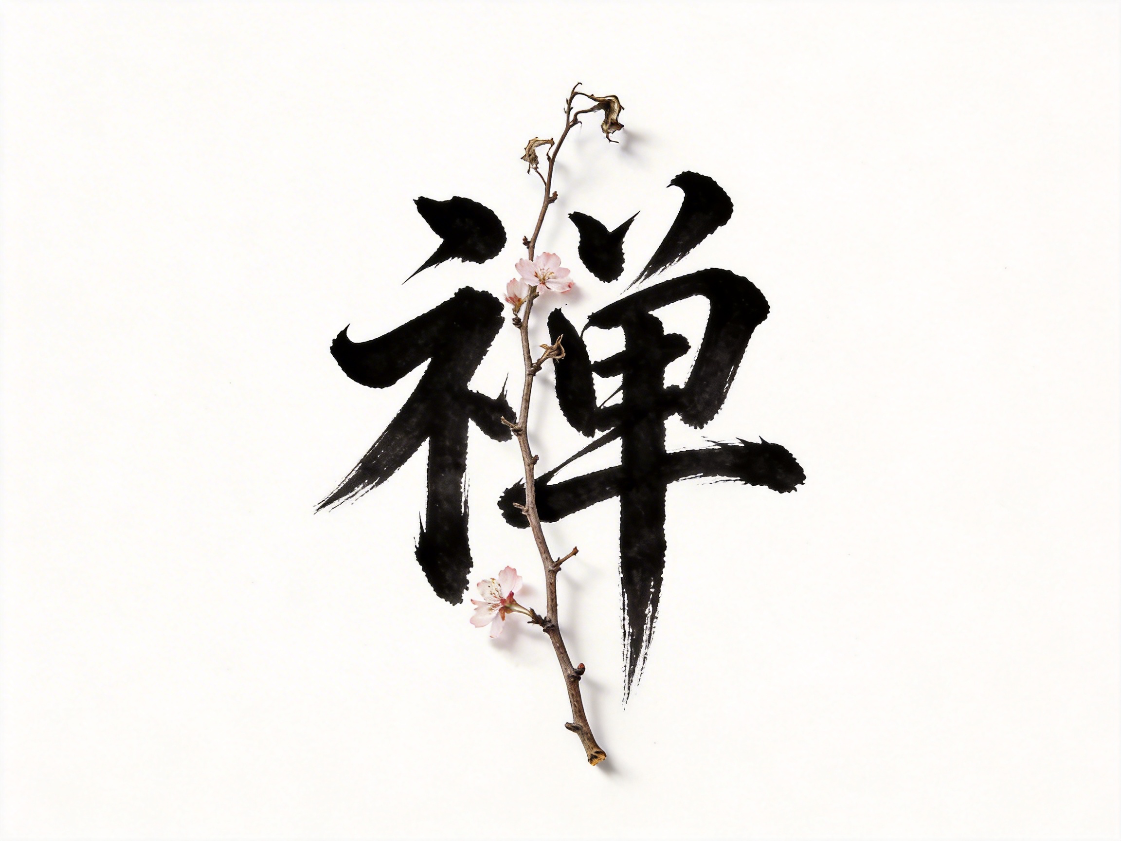图中展示了一个极简主义风格的艺术构思，背景为纯净的白色。画面中央是一个巨大的黑色毛笔书法汉字“禅”，笔触苍劲有力，带有明显的飞白效果，展现出传统水墨的韵味。一枝纤细的梅花枝条垂直穿插在汉字的笔画之间，枝条上点缀着几朵淡粉色的梅花和一些枯萎的叶片，形成了生机与凋零、刚劲与柔美的对比。构图简洁，具有浓厚的禅意美学。

在 AI 生成的细节方面，存在明显的逻辑缺陷：首先，汉字“禅”的结构并不标准，左侧的“示字旁”多出了一横，右侧“单”字的结构也经过了艺术化的扭曲，导致字形不准确。其次，梅花枝条与书法笔画的遮挡关系显得生硬且不自然，部分枝干像是直接悬浮在墨迹之上，缺乏真实的物理空间感。此外，枝条顶端的枯叶形态较为破碎，呈现出不规则的数字伪影。