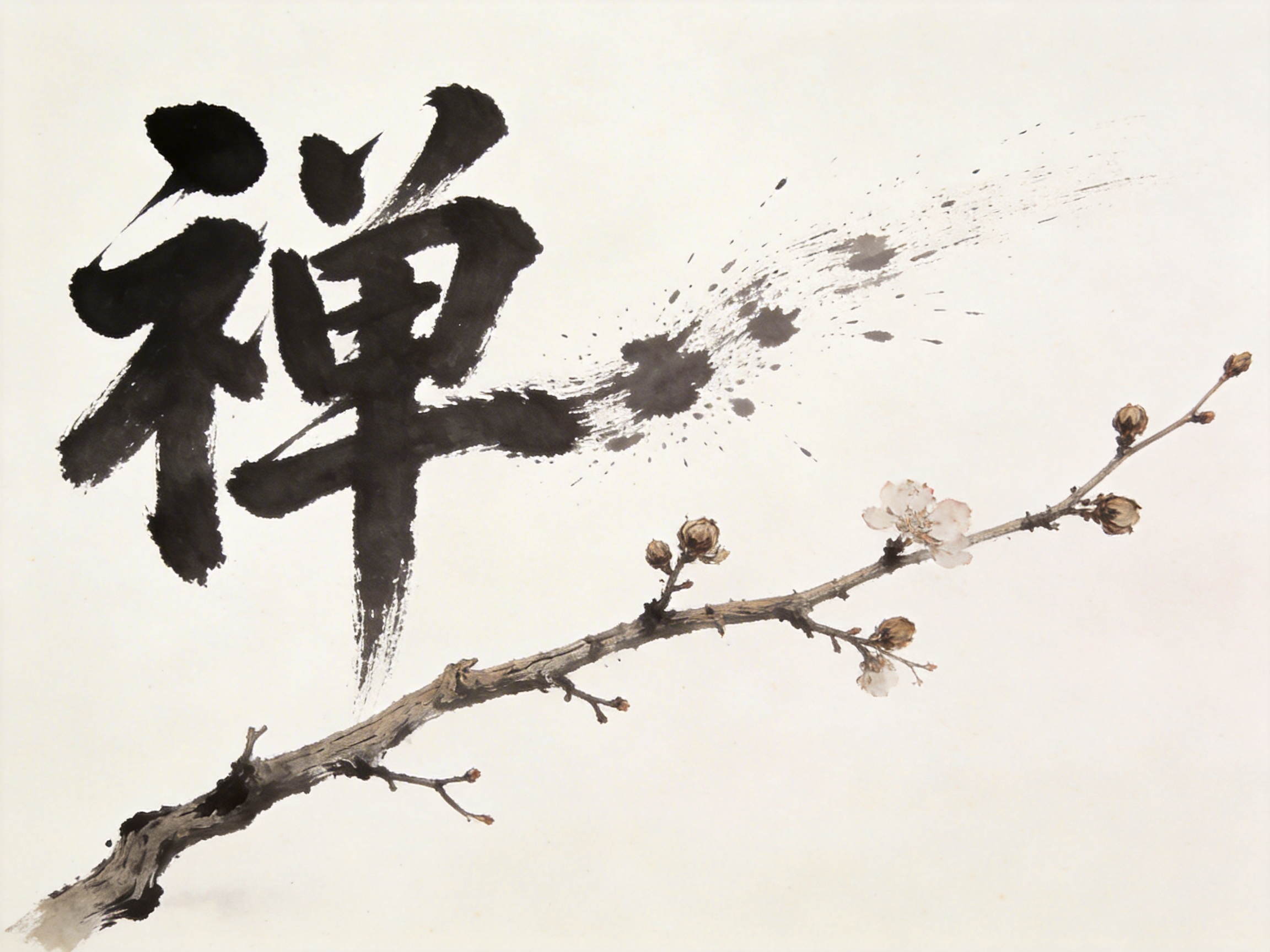 图中展现了一幅具有中国传统水墨风格的画作。画面背景为米白色的宣纸质感，左上方是一个巨大的黑色书法字体“禅”，笔触雄浑有力，墨色浓郁。在“禅”字的右侧，有一处明显的墨汁喷溅痕迹，向右上方呈放射状散开，增添了几分动感与写意。画面下方横斜着一枝梅花，枝干苍劲，由左下向右上延伸，枝头点缀着几朵淡粉色的梅花和含苞待放的花蕾，色彩清雅。在构图上，书法与花枝形成了左上与右下的平衡感。然而，作为 AI 生成的图片，画面存在明显的逻辑缺陷：书法字“禅”的结构并不标准，偏旁部首的笔画连接显得生硬且不符合传统的书写规律；此外，右侧的墨迹喷溅效果过于规整且带有数字生成的颗粒感，与手绘水墨的自然晕染效果有所出入；梅花枝干的纹理在局部显得有些模糊，缺乏真实木质的细节层次。