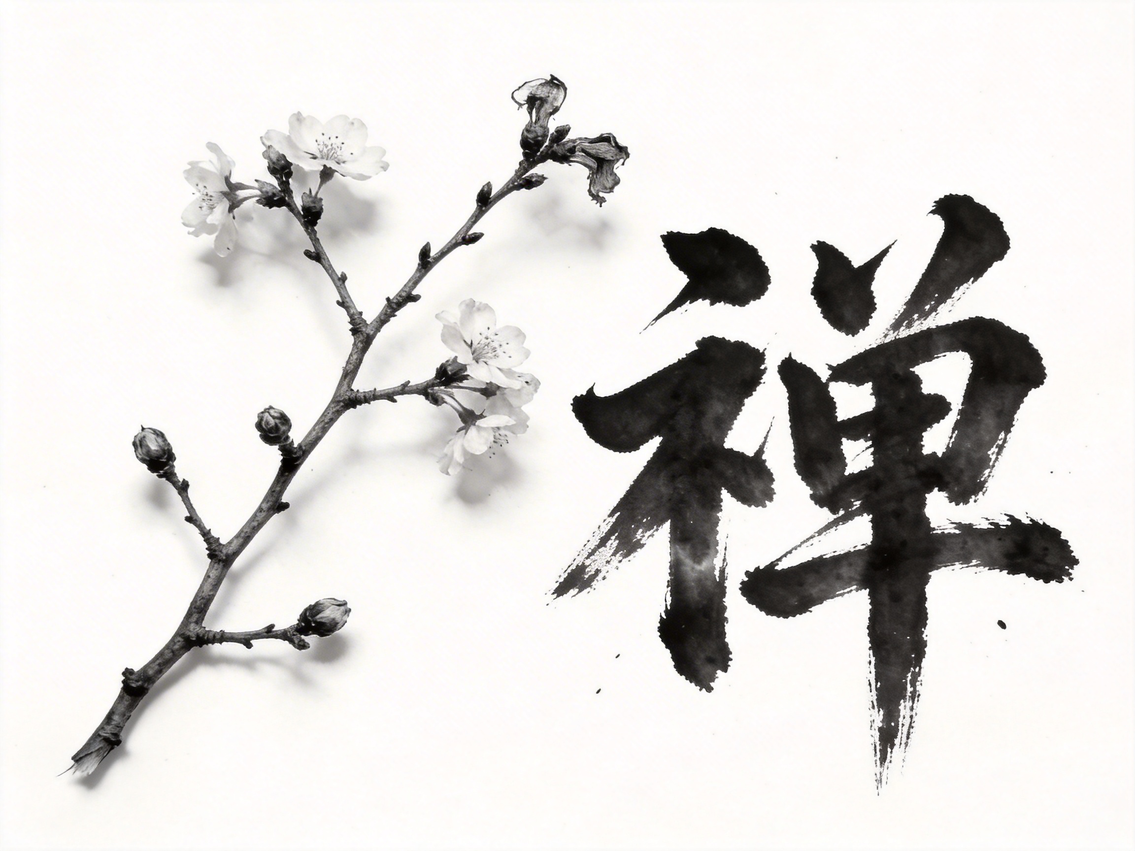 图中展示了一幅极简风格的水墨艺术作品，背景为纯净的白色纸张感。画面左侧是一枝斜向伸展的樱花，枝干苍劲，上面点缀着几朵盛开的白色花瓣和含苞待放的蕾，花朵细节清晰，带有淡淡的阴影，呈现出一种立体感。画面右侧是一个巨大的黑色毛笔书法汉字“禅”，笔触浑厚且富有枯笔的质感，墨色浓淡相宜，展现出中国传统书法的韵味。整体构图疏密有致，营造出一种宁静、深远的禅意氛围。在 AI 生成的细节方面，可以观察到左侧花枝末端的断裂处处理得不够自然，显得有些生硬；此外，书法字体的结构虽然有力，但在笔画的交接处存在一些不符合传统运笔逻辑的墨迹晕染，右侧“单”字部分的横画与竖画衔接略显模糊，这些都是 AI 在模拟真实水墨笔触时常见的细微瑕疵。