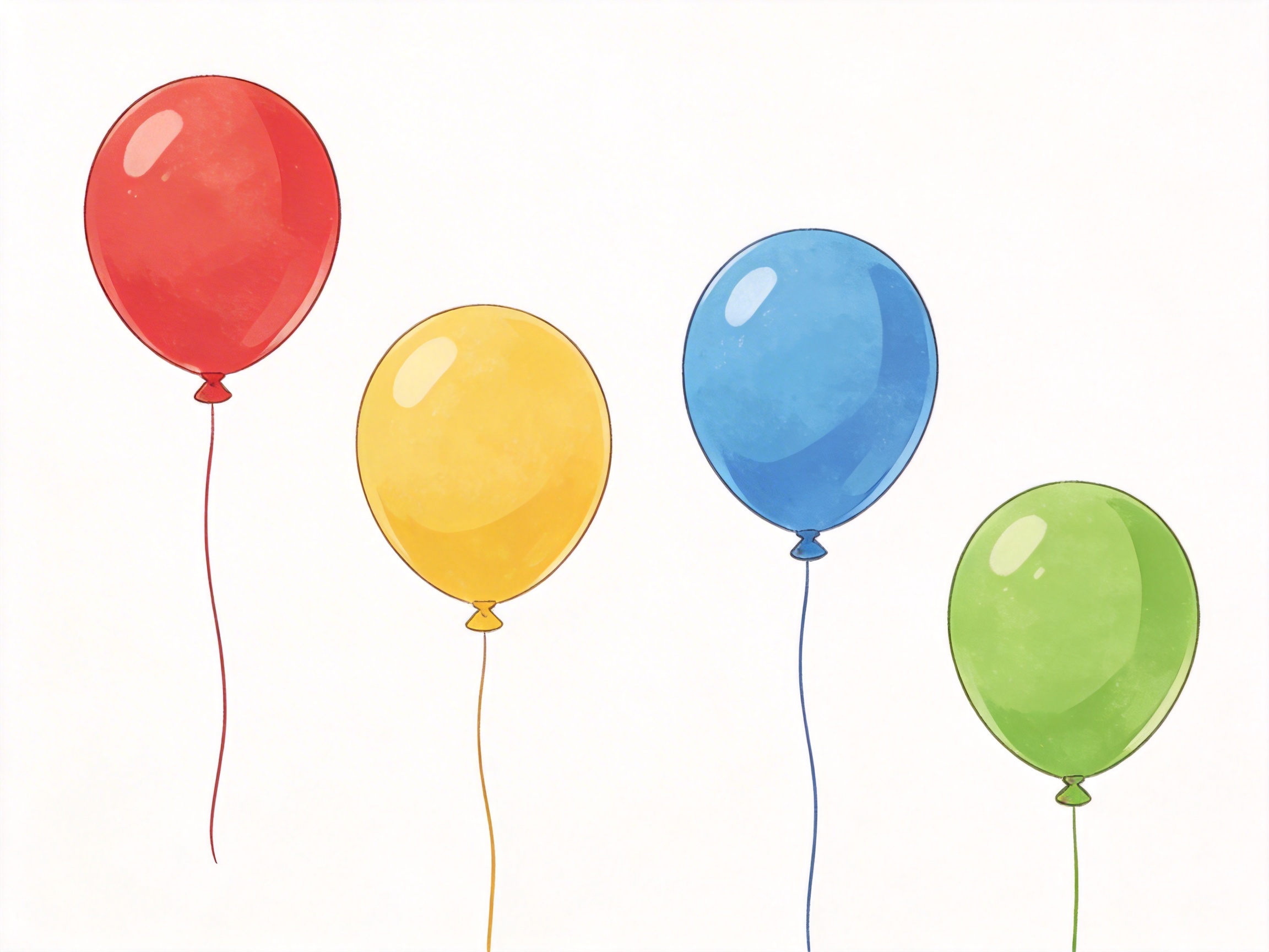 画面中，在纯白色的背景上，从左到右横向排列着四个彩色气球，呈现出一种简洁的水彩手绘风格。这四个气球分别是红色、黄色、蓝色和绿色，每个气球下方都垂着一根与自身颜色相对应的纤细线条。气球的形状饱满，表面带有淡淡的高光和细腻的纹理感，色彩明亮且柔和。构图上，气球的高度略有起伏，红色最高，绿色最低，形成了一种错落有致的视觉节奏。在 AI 生成的细节方面，可以观察到一些细微的逻辑异常：最右侧绿色气球下方的线条在延伸一小段后突然变细并消失，没有像其他三个气球那样垂到底部；此外，气球底部的打结处形状略显生硬，线条与气球连接处的透视关系处理得不够自然，带有明显的数字绘画修饰痕迹。