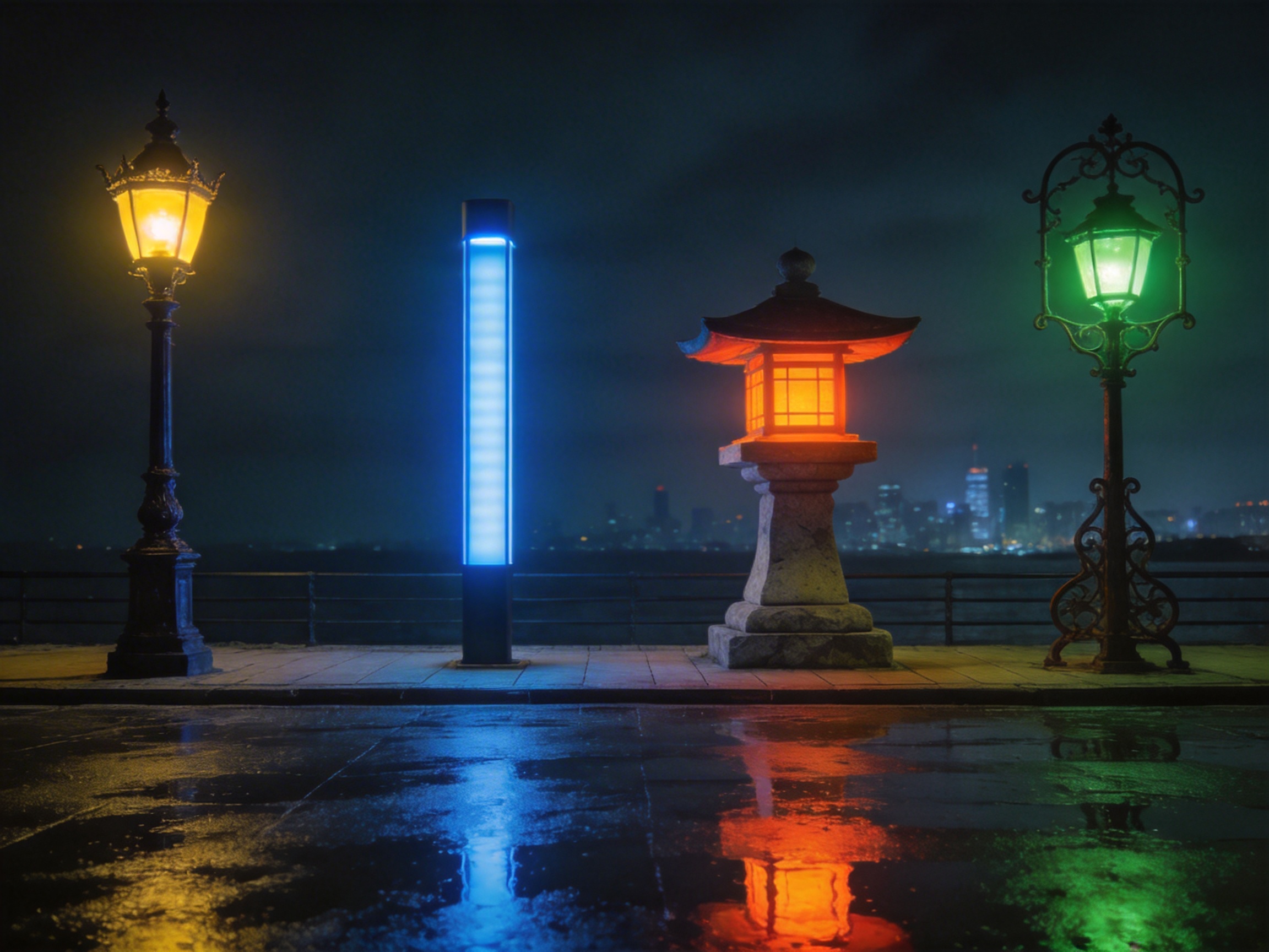 图中展示了一个宁静的夜晚海滨景观，四盏风格迥异的灯具并排站立在湿漉漉的岸边。从左至右分别是：一盏散发暖黄色光芒的欧式复古路灯、一根发出冷蓝色荧光的现代简约灯柱、一座透出橙红色光亮的日式石灯笼，以及一盏带有精致绿色光源的繁复花纹铁艺灯。背景是深蓝色的夜空和远方模糊的城市霓虹剪影。地面因积水而像镜面一样清晰地倒映出四种颜色的光影，构图平衡且色彩对比强烈。

在 AI 生成的细节方面，存在一些明显的逻辑缺陷：最右侧绿色灯具的底座结构显得异常凌乱，金属线条交织得不够自然；石灯笼的底座与地面的衔接处略显生硬；此外，尽管地面有大面积积水，但远方城市灯火的倒影却完全缺失，且四盏灯在水中的倒影长度与实物比例不完全一致，透视关系略显违和。