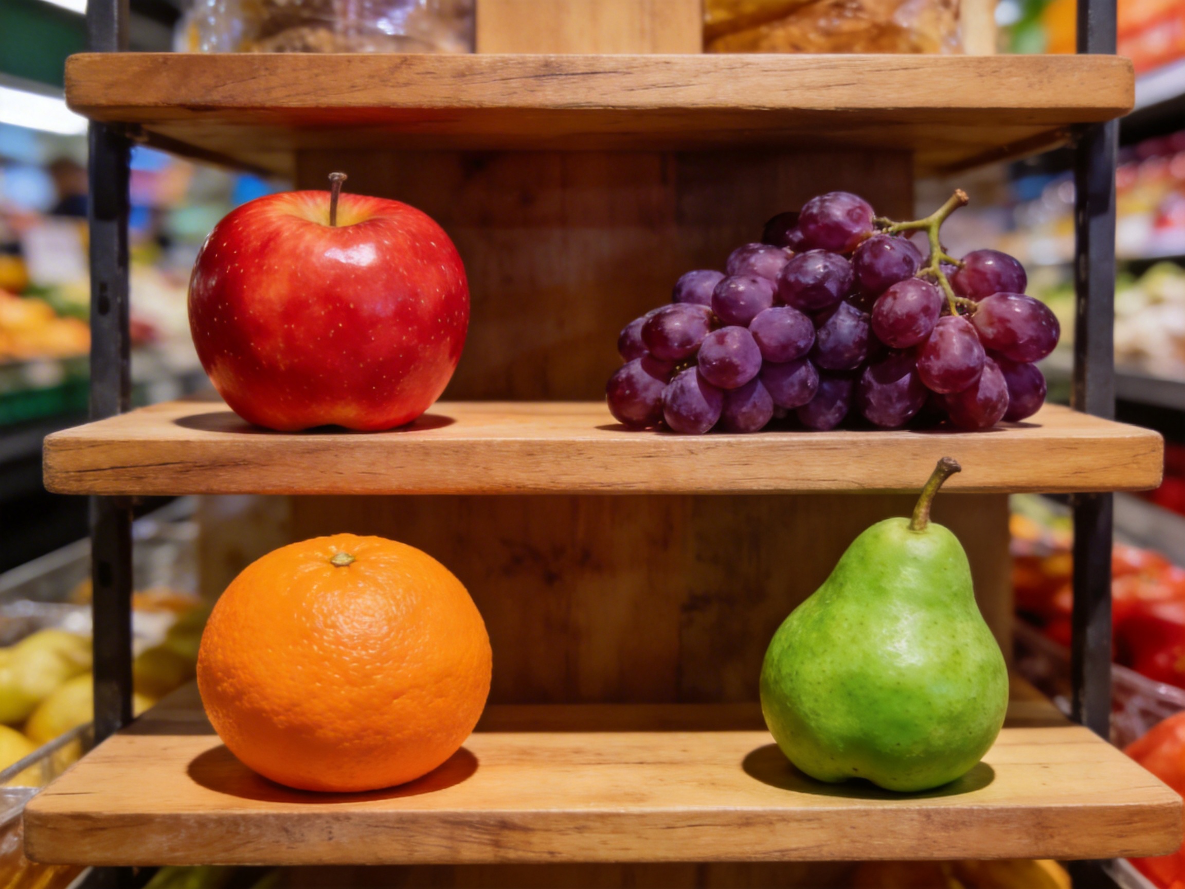 画面中展示了一个超市或商店内的木制货架，镜头聚焦在中间的两层架子上，背景模糊。上层架子左侧摆放着一颗硕大且饱满的红苹果，表皮带有自然的光泽；右侧是一大串深紫色的葡萄，果实紧凑。下层架子左侧是一个圆润的橙色柑橘，表皮纹理清晰；右侧则是一颗翠绿色的梨，形状上窄下宽。货架采用浅棕色的实木材质，纹理自然，整体色调温暖且明亮，构图对称平衡。

在 AI 生成的细节方面，存在一些明显的逻辑缺陷：首先，苹果的果柄末端呈现出一种平整且不自然的金属感，缺乏植物纤维的质感；其次，右侧葡萄串的枝干生长方向杂乱，部分葡萄果实似乎直接漂浮在空中或与其他果实以不合理的角度融合；最后，下层梨子的底部轮廓过于平整，且与木板接触的阴影边缘显得有些生硬，缺乏真实的重力压迫感。