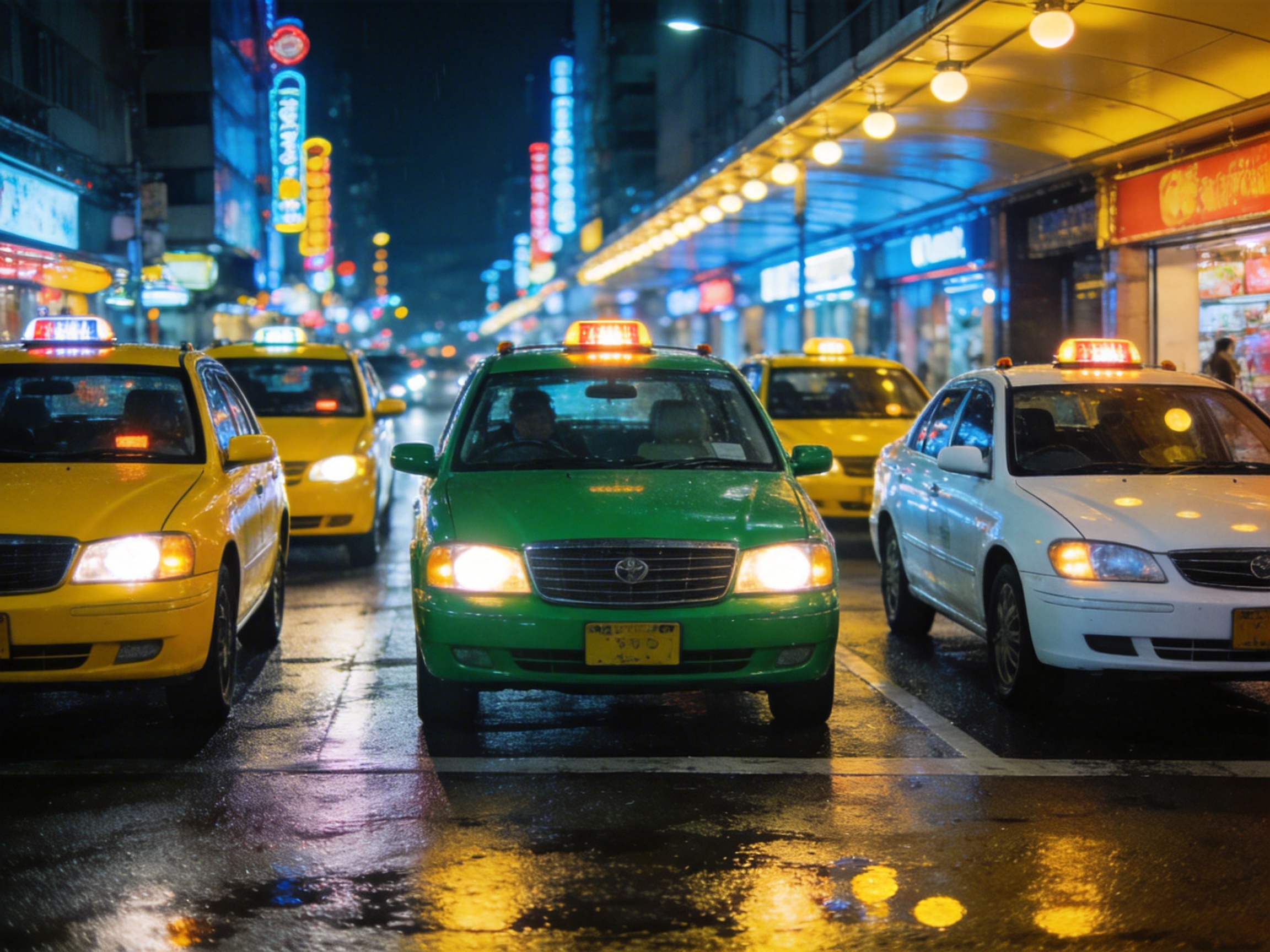 画面中展示了一个繁华都市的雨后夜晚街头，多辆出租车正停在湿漉漉的马路上。构图采用平视视角，正中心是一辆亮绿色的出租车，其左右两侧分别排列着黄色和白色的出租车，车灯均已开启，在微湿的地面上投射出模糊的黄色倒影。背景是充满霓虹灯招牌的街道，蓝色、红色和黄色的灯光交织，营造出一种赛博朋克般的都市氛围。右侧上方有一排明亮的圆形黄色路灯延伸向远方。在 AI 生成的细节方面，存在明显的逻辑缺陷：车辆的车标形状模糊且不规则，无法辨认具体品牌；车牌上的文字呈现为杂乱的色块，并非真实字符；最左侧黄色出租车的车顶灯结构扭曲，且部分车辆的后视镜形状与车身连接显得不够自然；背景中的霓虹灯文字也多为无意义的笔画堆砌，缺乏真实的文字结构。