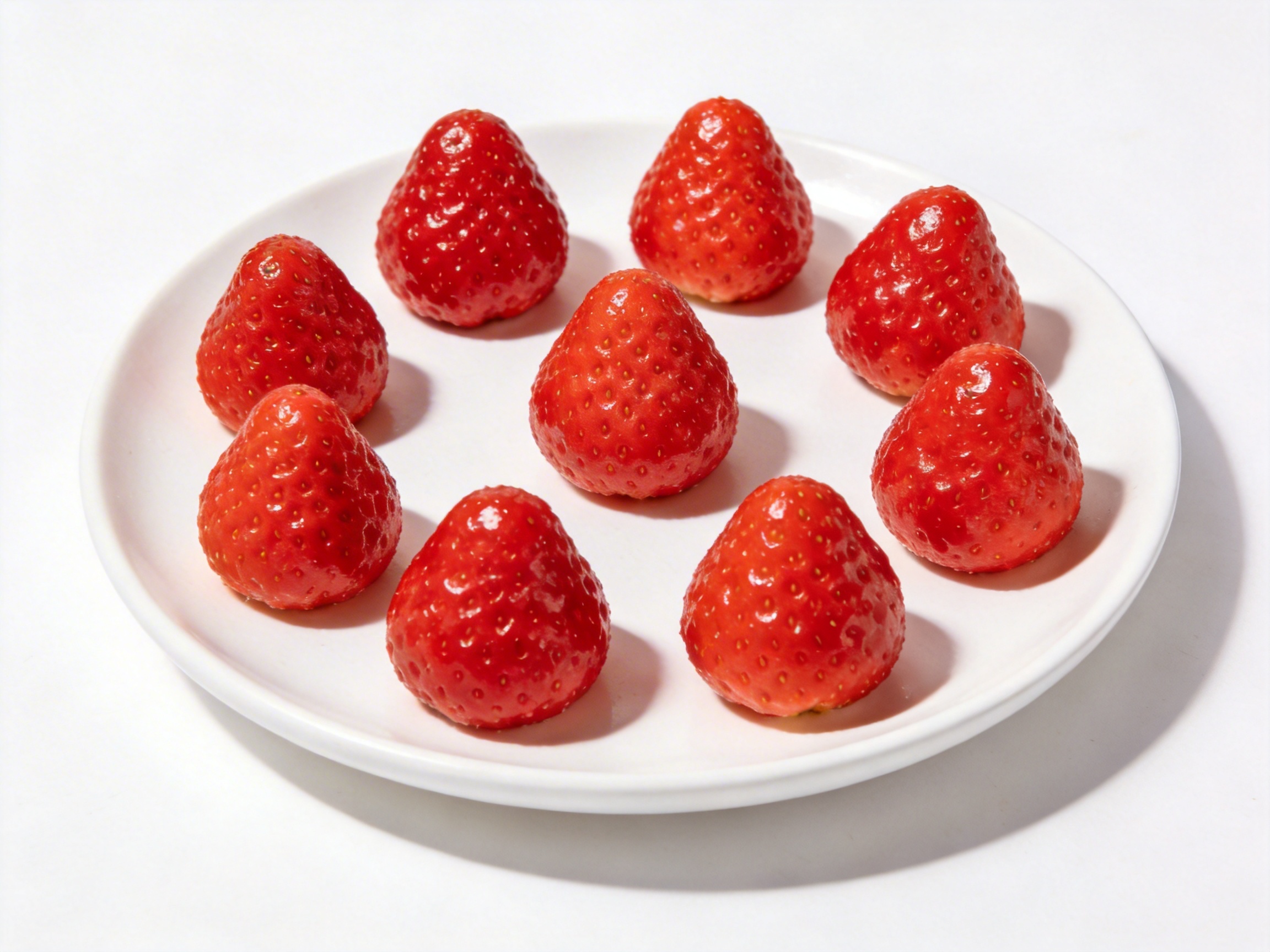 图中展示了一个纯白色的圆形瓷盘，平放在纯白色的背景上。盘中整齐地摆放着九颗鲜红色的草莓，其中八颗围成一圈，一颗位于圆心。这些草莓色泽红润，表面带有细小的籽点，在明亮的顶光照射下，果实顶端闪烁着晶莹的反光，显得十分新鲜。构图简洁，红色的水果与白色的器皿形成鲜明的色彩对比。然而，画面中存在明显的 AI 生成缺陷：所有草莓都完全缺失了顶部的绿色叶片（花萼），切口处平滑得不自然；部分草莓的形状过于规整，呈现出近乎完美的圆锥体；此外，盘子边缘的阴影投射与光线方向略有不符，且部分草莓与盘面的接触位置缺乏真实的物理阴影，导致果实看起来像是悬浮或粘贴在盘子上。