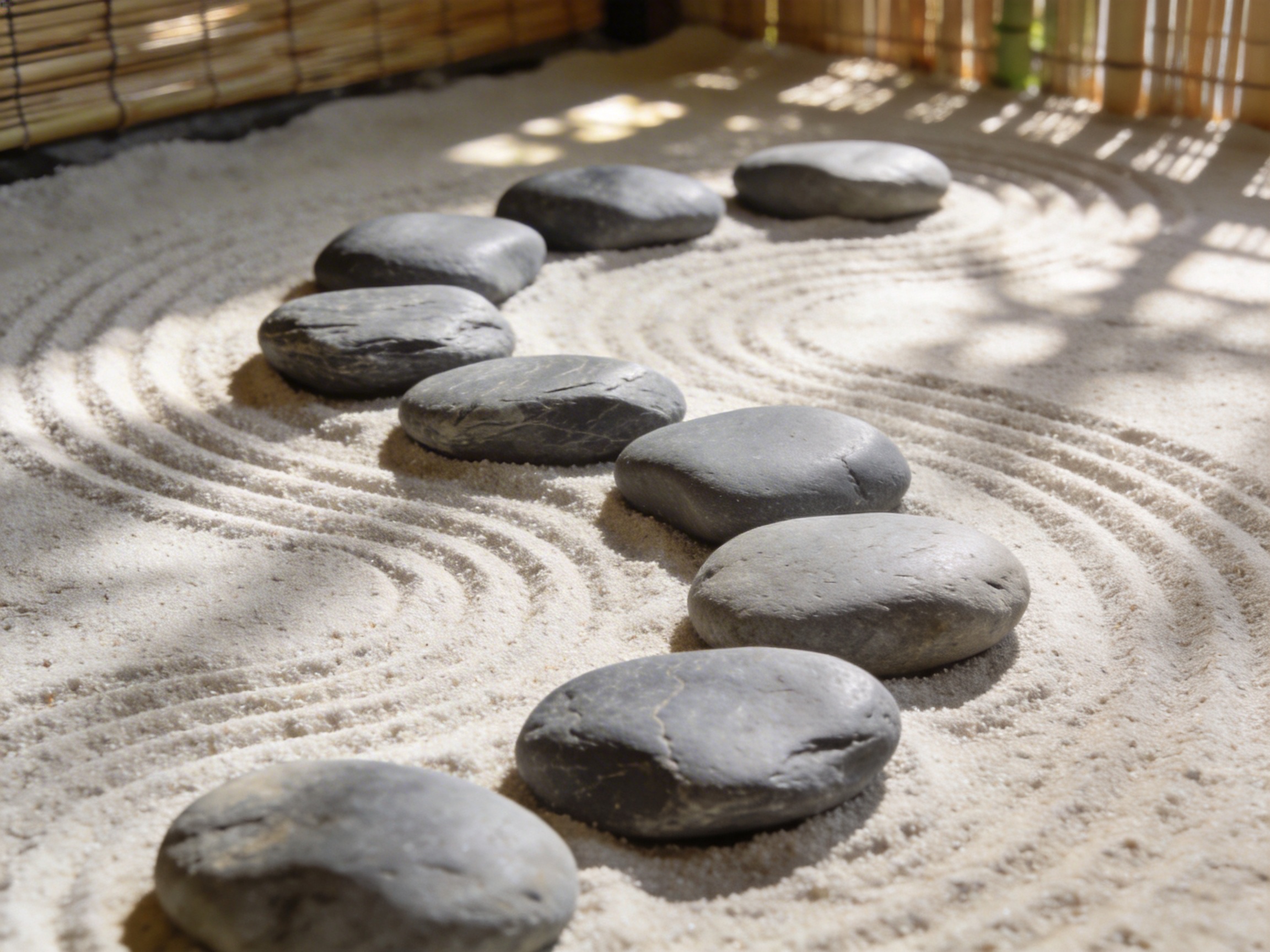 图中展示了一个宁静的日式枯山水景观。画面主体是铺满细白沙子的地面，沙面上被耙制出流畅的 S 形波浪纹路，象征着流动的水。九块深灰色的扁平鹅卵石呈弧线形排列，仿佛是水面上浮现的踏脚石，从画面左下角延伸至右上角。背景是柔和的竹帘，阳光透过缝隙洒下，在沙地上形成了斑驳的阴影，营造出一种禅意与静谧的氛围。整体色调以米白色、灰色和淡黄色为主，构图具有延伸感。

在 AI 生成的细节方面，存在一些逻辑缺陷：画面右侧的沙纹在接近竹帘阴影处变得模糊且断裂，纹路的走向与鹅卵石的摆放位置缺乏自然的物理互动，部分石头的边缘与沙地的衔接显得过于生硬，缺乏真实的重力下陷感。此外，背景竹帘的透视关系略显扭曲，左上角的帘子纹理出现了不自然的重叠。