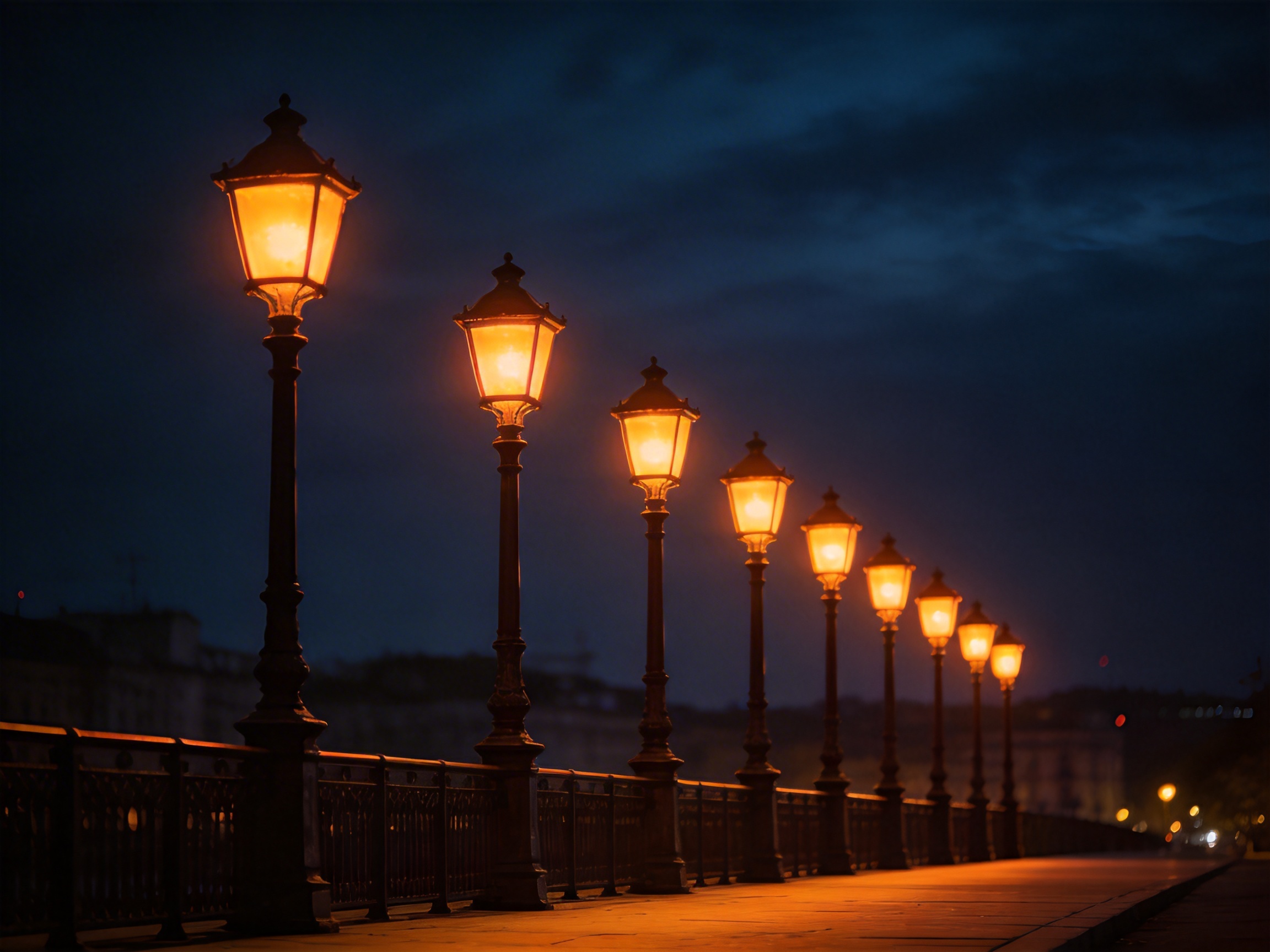 图中展示了一幅宁静的夜景，一排复古风格的欧式路灯沿着桥梁或河岸向远方延伸。画面色彩对比鲜明，背景是深邃的墨蓝色夜空，云层厚重且带有细腻的纹理；而路灯散发出温暖的橘黄色光芒，照亮了下方的地面。构图采用了极具纵深感的透视法，路灯由近及远逐渐缩小，营造出一种深邃的视觉引导效果。路灯的造型精致，带有黑色的金属支架和多边形的玻璃灯罩。

在 AI 生成的细节方面，存在一些逻辑和透视上的瑕疵：随着距离远去，后方几盏路灯的灯杆底座与护栏的衔接显得模糊且不自然，部分灯杆似乎直接悬浮或错位在护栏之上。此外，最远端的几盏灯在光影表现上略显生硬，缺乏真实环境中的光线衰减层次。尽管如此，整体画面依然传递出一种静谧、温馨的氛围。