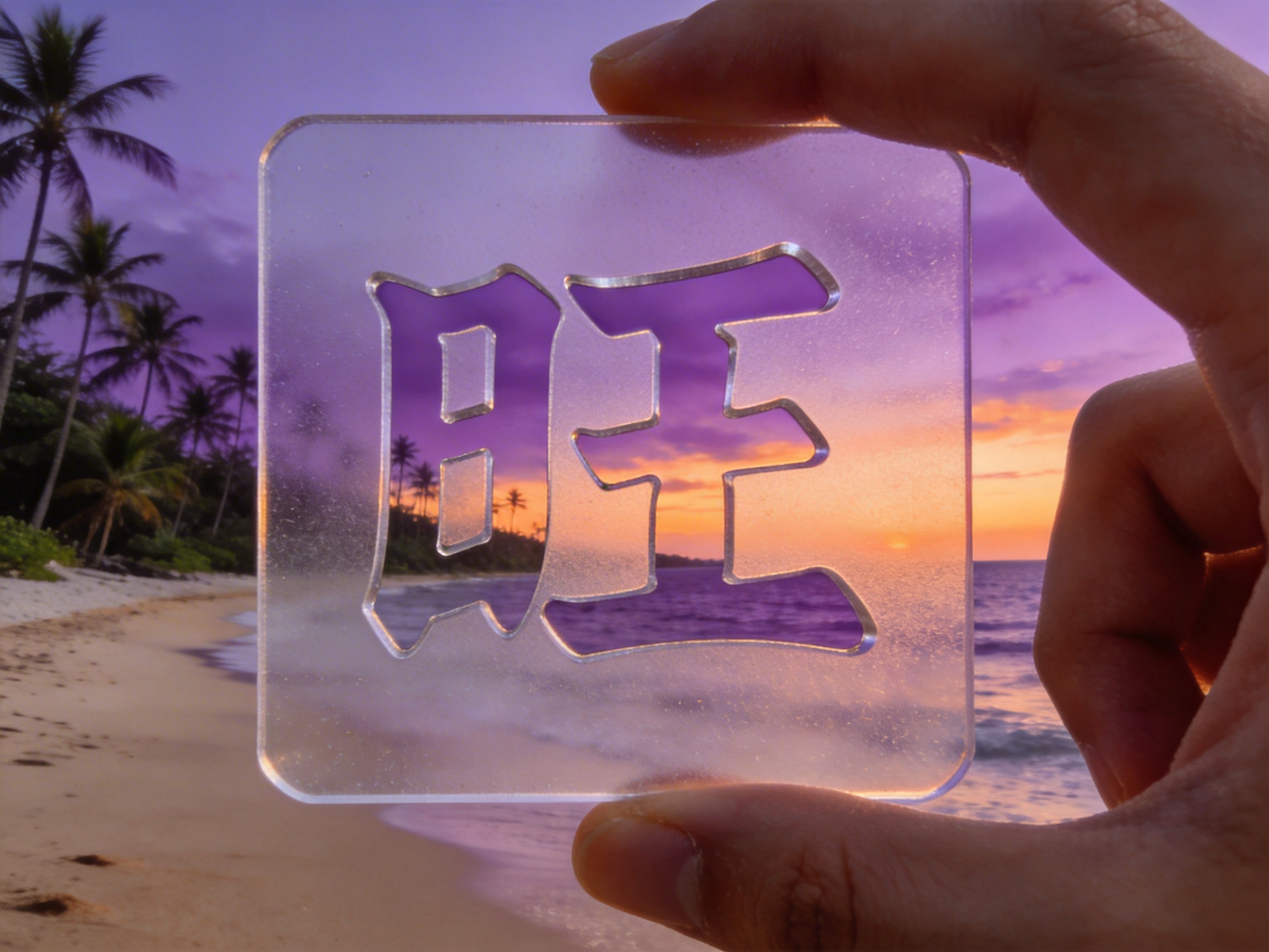 图中展示了一个充满热带风情的傍晚海滩场景。画面中心是一只巨大的右手，正捏着一块透明的方形亚克力板，板子中心镂空刻有一个巨大的汉字「旺」。透过这个镂空的汉字，可以看到背景中绚烂的落日余晖，天空呈现出深紫色与橙黄色的渐变，远处的海面上夕阳正缓缓落下。背景左侧是模糊的沙滩和一排高耸的椰子树剪影。整体色调温暖且富有诗意，构图以手持透明板为视觉中心。

在 AI 生成的细节方面，存在明显的逻辑缺陷：首先，手部的比例和结构异常，食指显得过于粗大且关节连接僵硬，指甲的形状也不够自然。其次，透明板上的「旺」字笔画存在错误，左侧的「日」字旁多出了一些不规则的结构，右侧的「王」字笔画连接处显得生硬且不符合常规书法逻辑。此外，透明板边缘的折射效果与背景的透视关系略显脱节，使得物体看起来像是生硬地叠加在背景之上。