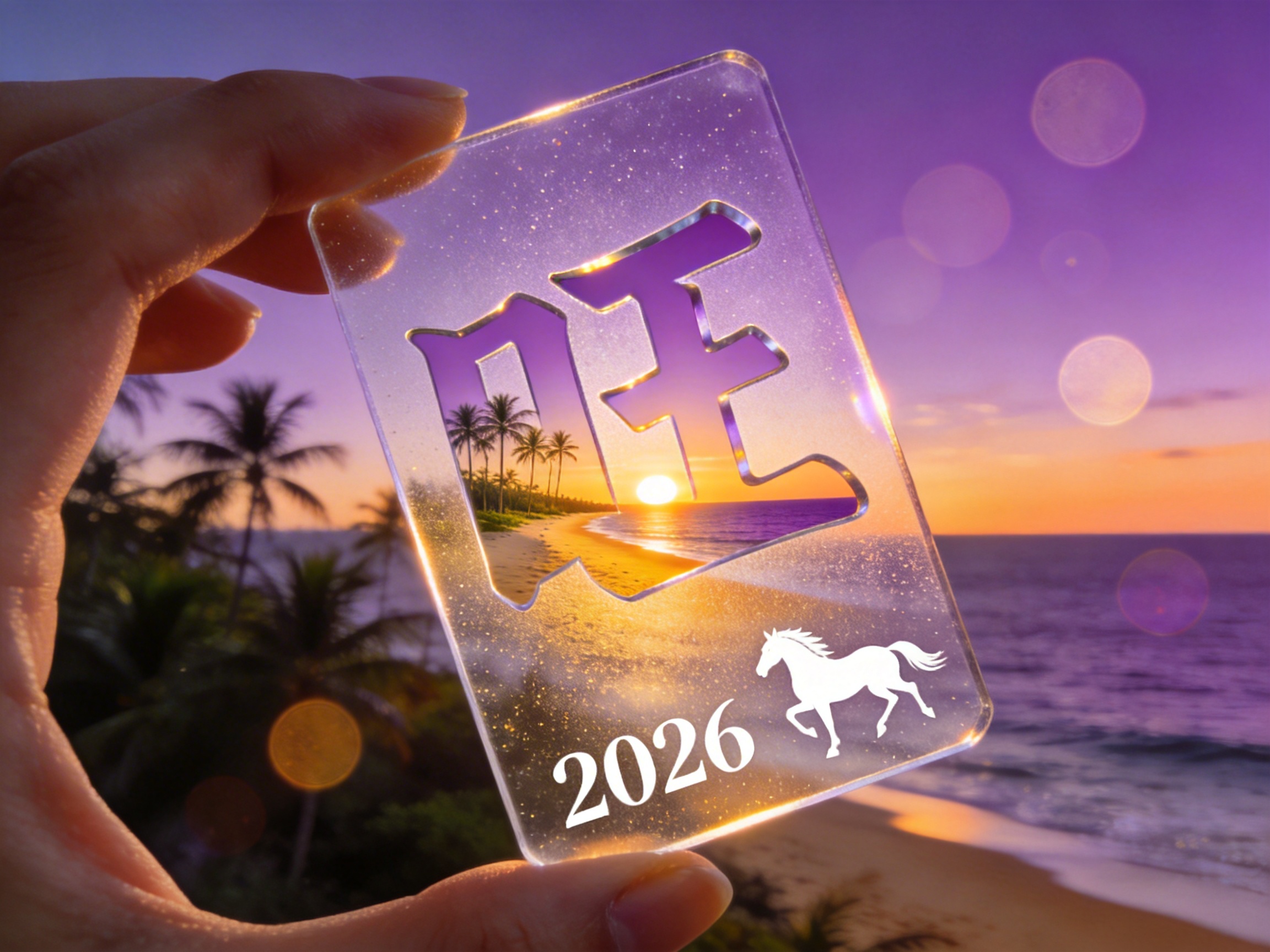 图中展示了一只手拿着一块透明的亚克力板，背景是绚丽的海边日落。天空呈现出梦幻的紫色与橙色渐变，海浪轻轻拍打着沙滩，左侧可见模糊的棕榈树影。透明板中心镂空刻有一个巨大的汉字“旺”，透过这个字可以看到落日余晖下的海滩美景。板的右下方印有白色的数字“2026”和一匹奔跑的骏马剪影。构图采用了前景特写与背景虚化相结合的方式，营造出一种迎接未来的希望感。

在 AI 生成的细节方面，存在一些明显的逻辑与视觉缺陷：首先，左侧持卡片的手部结构异常，大拇指与食指的连接处显得僵硬且比例不自然；其次，透明板上的“旺”字笔画边缘与背景的透视关系略显生硬；最明显的错误在于，2026 年在农历中应为马年，但画面中的马剪影与数字组合虽符合生肖逻辑，但整体光影在透明材质上的折射效果并不完全符合物理规律，尤其是板子边缘的亮边分布过于均匀。