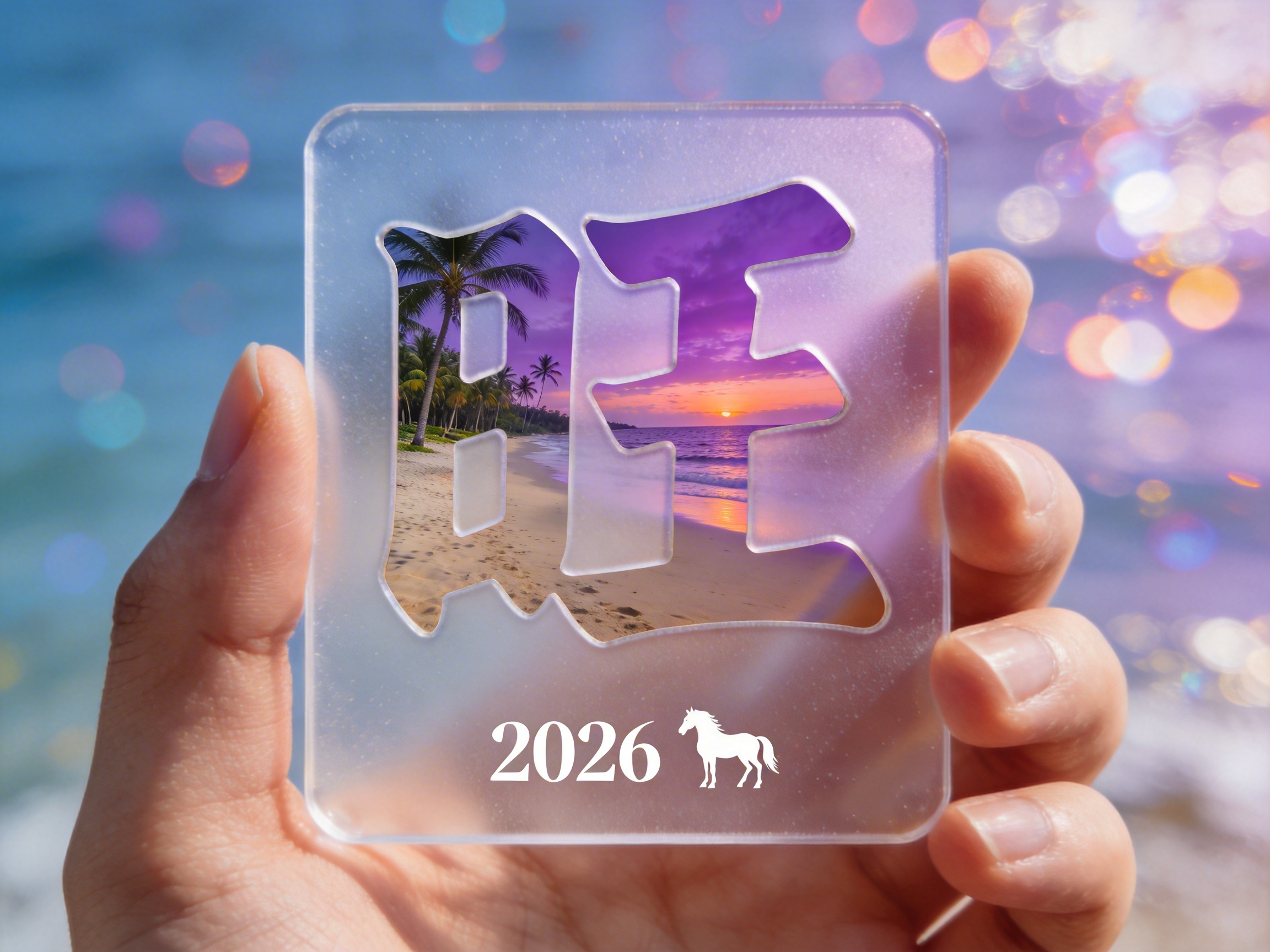 图中展示了一只手稳稳地托着一块半透明的磨砂质感方牌，背景是模糊的蓝色海滨与绚烂的彩色光斑。方牌中心镂空出一个巨大的汉字“旺”，透过这个镂空字样，可以看到一幅清晰的绝美海滩落日景象：紫色调的天空下，夕阳正从海平线落下，岸边矗立着几棵挺拔的椰子树。方牌下方印有白色的数字“2026”和一个马的剪影图标。整体色调温馨且富有希望感，构图居中对称。在 AI 生成的细节方面，存在明显的逻辑错误：首先，2026 年在中国农历中应为马年，但画面中的汉字“旺”通常与生肖狗（旺旺）相关，元素搭配略显生硬；其次，手部细节略显不自然，手指的长度比例和握持姿势在透视上有些许僵硬；此外，镂空字样内部的风景亮度与周围环境的光影衔接不够自然，呈现出明显的合成痕迹。
