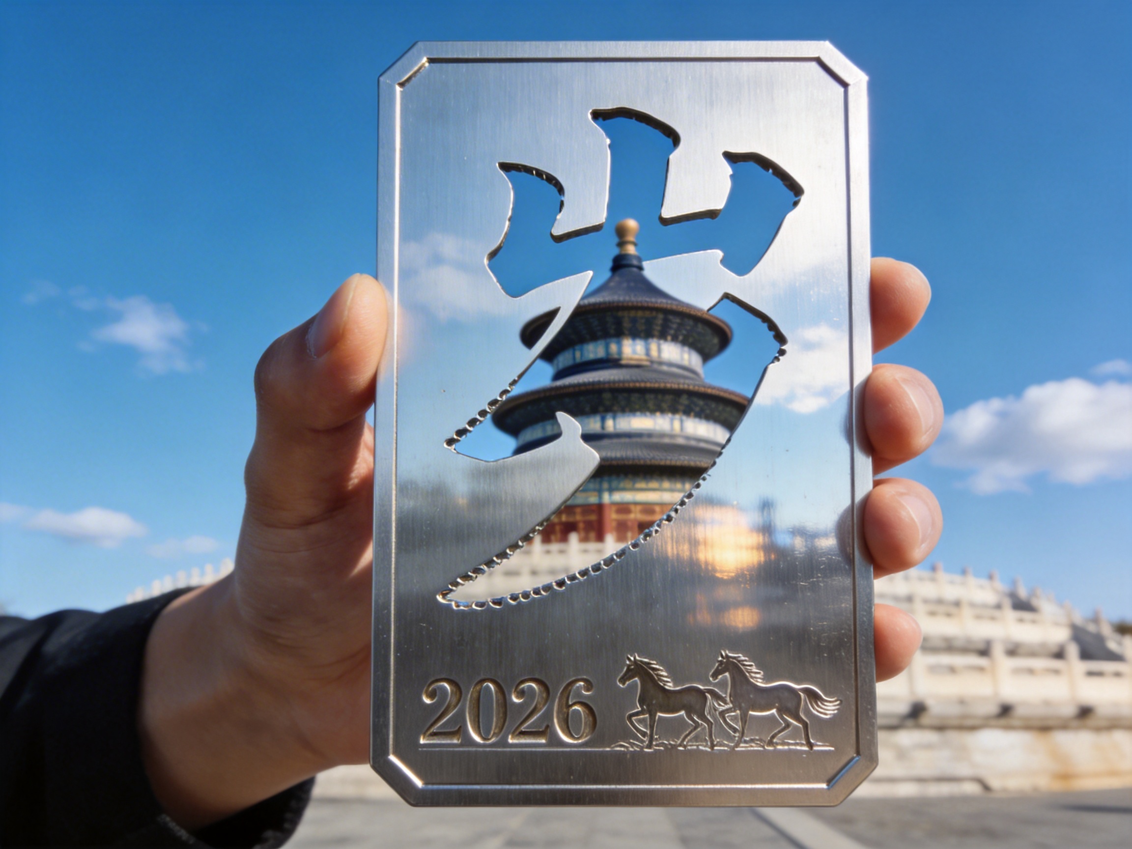 画面中，一只手正握着一块长方形的银色金属牌，背景是北京天坛祈年殿。金属牌中心有一个巨大的镂空汉字，形状介于“岁”和“出”之间，通过镂空部分可以清晰地看到远处的天坛建筑。金属牌下方刻有数字“2026”以及两匹奔马的浮雕图案。背景天空湛蓝，点缀着几朵白云，整体色调明亮清新。

这张图片存在明显的 AI 生成缺陷：首先，金属牌中心的镂空汉字并非标准字体，笔画结构混乱，无法准确辨认；其次，手部细节处理不自然，尤其是右侧握持边缘的手指数量和连接处显得生硬且不符合解剖学逻辑；此外，金属牌底部的马匹浮雕线条略显模糊，与“2026”数字的质感不完全统一。天坛建筑的细节在镂空处也略显扭曲，与周围环境的透视关系不够严谨。