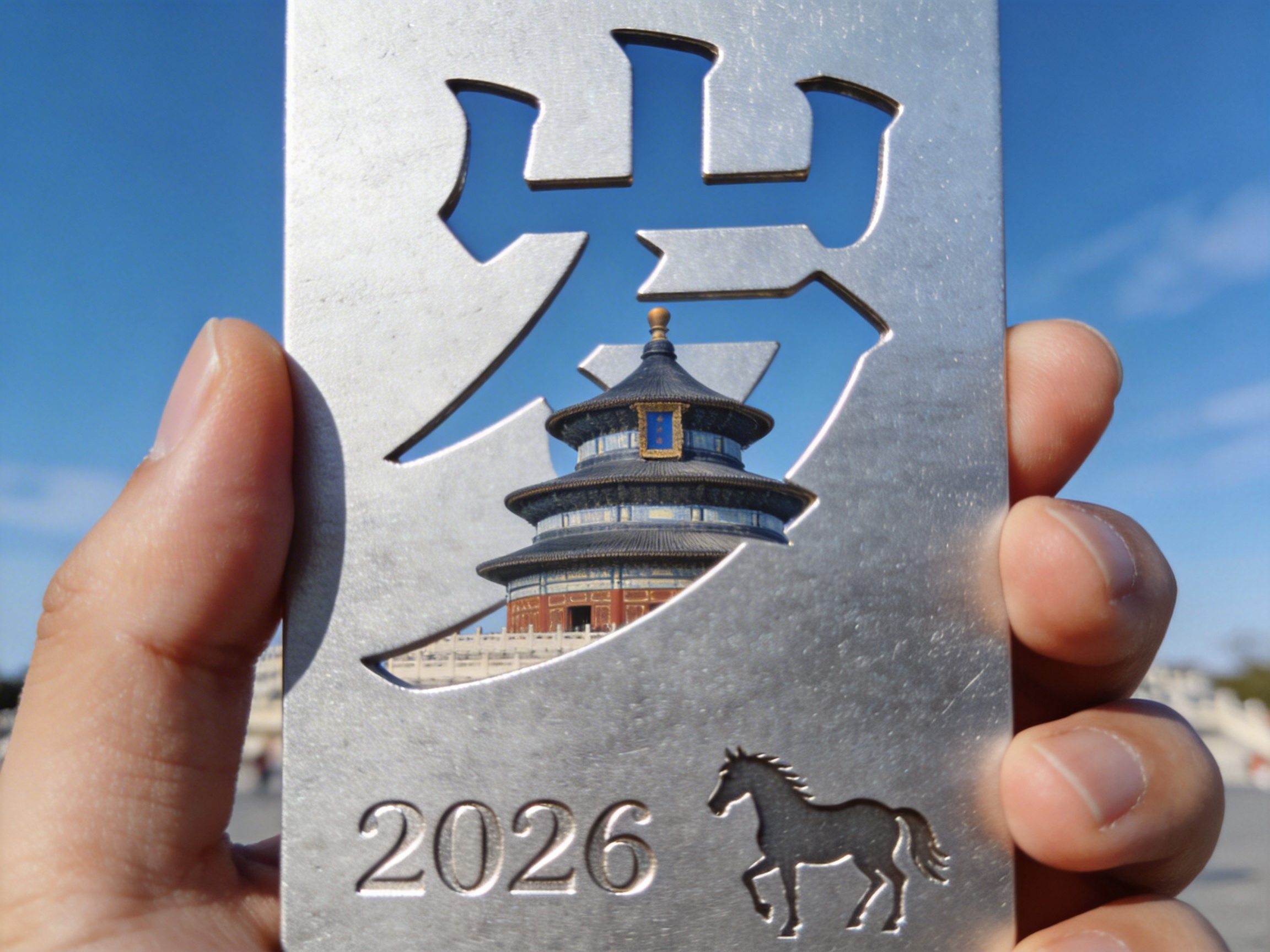 图中展示了一双人手正举着一块银灰色金属质感的镂空书签，背景是北京天坛祈年殿和晴朗的蓝天。书签中心镂空出了一个巨大的汉字，其形状介于“岁”和“发”之间，通过镂空处正好可以看到远处宏伟的祈年殿。书签下方刻有数字“2026”以及一匹奔马的轮廓。画面色彩明亮，构图采用了框景摄影风格。

然而，画面中存在明显的 AI 生成缺陷：首先，最显著的问题是书签中心的镂空汉字是一个“错别字”，笔画结构扭曲，不符合任何标准汉字的写法；其次，画面左侧的大拇指指甲形状异常平扁，且手指关节的纹路处理得不够自然；此外，书签下方的数字“2026”与马的图案在透视上略显生硬，像是直接贴在金属表面而非真实的物理刻痕。天坛的建筑细节在镂空边缘处也出现了轻微的结构断层。