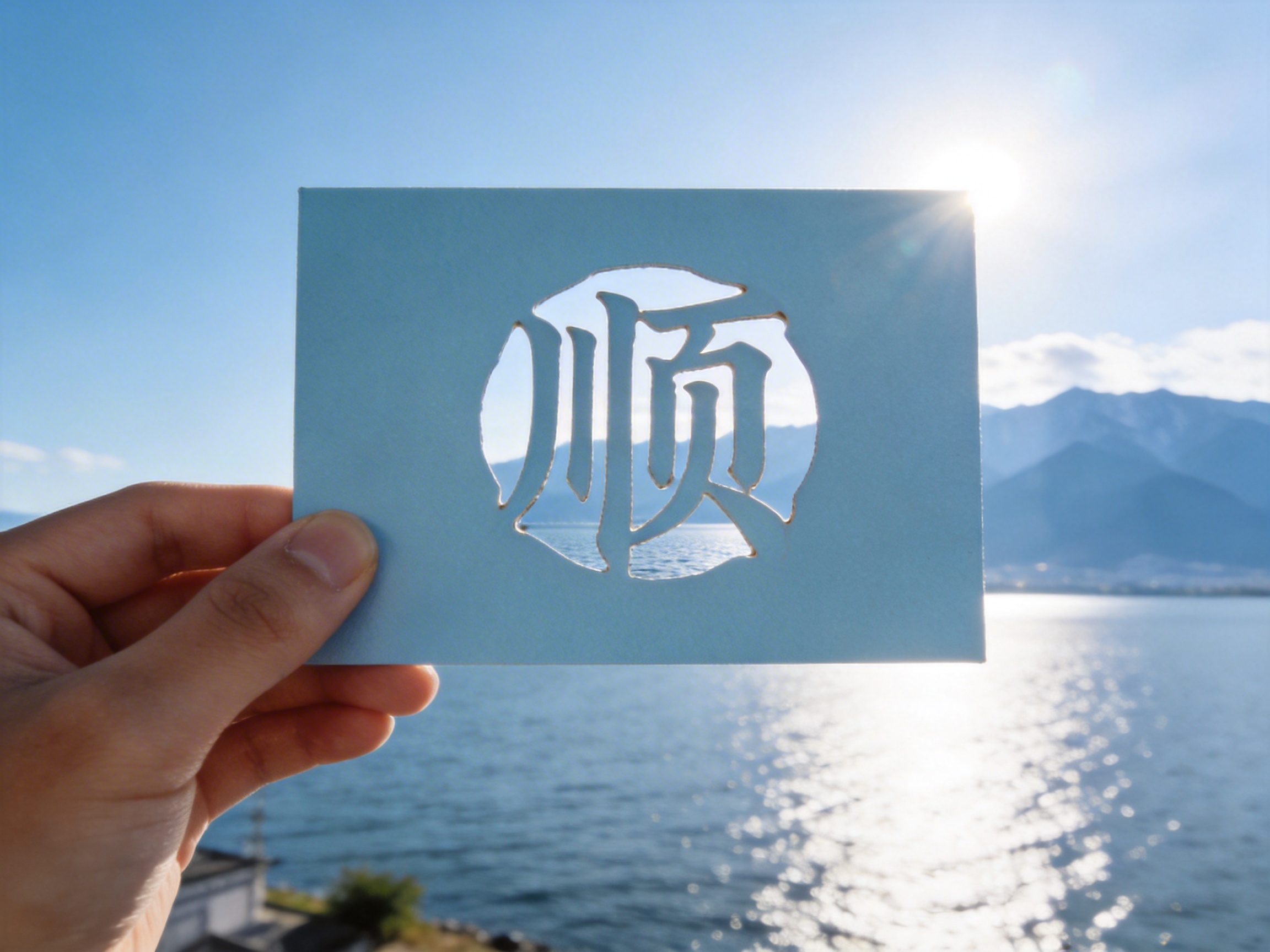 图中展示了一只左手拿着一张浅蓝色的长方形卡片，背景是波光粼粼的湖泊、远山和晴朗的天空。卡片中央有一个圆形的镂空，镂空处呈现出一个汉字“顺”，通过这个字可以看到背景中的湖水和山脉。阳光从卡片的右上角射入，形成明亮的光晕，湖面上倒映着细碎的金色波光。整体色调以清新明亮的蓝色和白色为主，给人一种宁静、祥和的视觉感受。

画面中存在明显的 AI 生成缺陷：首先，手部结构异常，拿卡片的手指数量和关节连接显得不自然，尤其是大拇指与其他手指的比例失调；其次，镂空的“顺”字笔画逻辑有误，部分笔画悬空而没有与卡片主体连接，在现实的剪纸或镂空工艺中无法实现；最后，卡片边缘与背景的衔接处略显生硬，光影过渡不够真实。