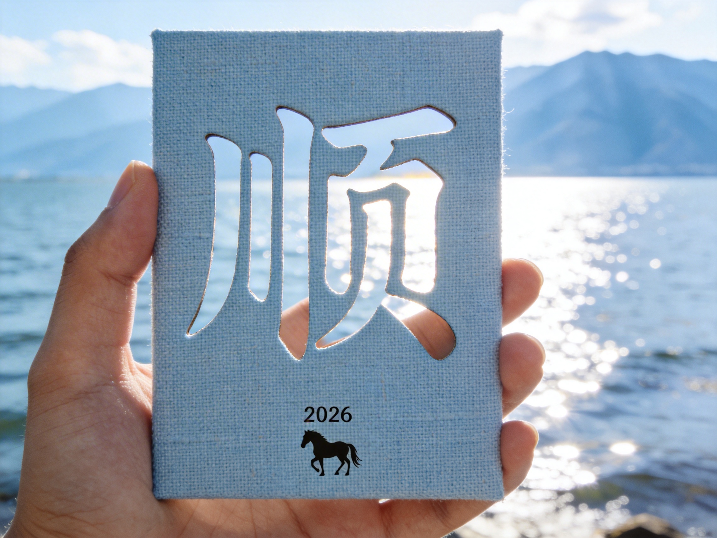图中展示了一只左手托举着一块浅蓝色布面质感的长方形板材，背景是波光粼粼的湖泊与远处的连绵山脉。板材中心镂空刻有一个巨大的简体中文“顺”字，阳光透过镂空处照射过来，显得明亮而有希望。板材下方印有数字“2026”和一匹奔马的黑色剪影。整体色调清新，以蓝、白、肤色为主，构图平衡，具有励志和祝福的意境。

在 AI 生成的细节方面，存在明显的逻辑和透视缺陷：首先，手部结构异常，左侧的大拇指显得过长且关节僵硬，右侧托举的四个手指长度比例不自然，且指尖与板材边缘的接触缺乏真实的受力感。其次，镂空的“顺”字笔画存在错误，右侧“页”字部分的横折钩与撇笔连接处显得生硬且不符合书法逻辑。最后，背景中山脉的轮廓过于平滑，与水面的波纹衔接略显违和，呈现出一种拼贴感。
