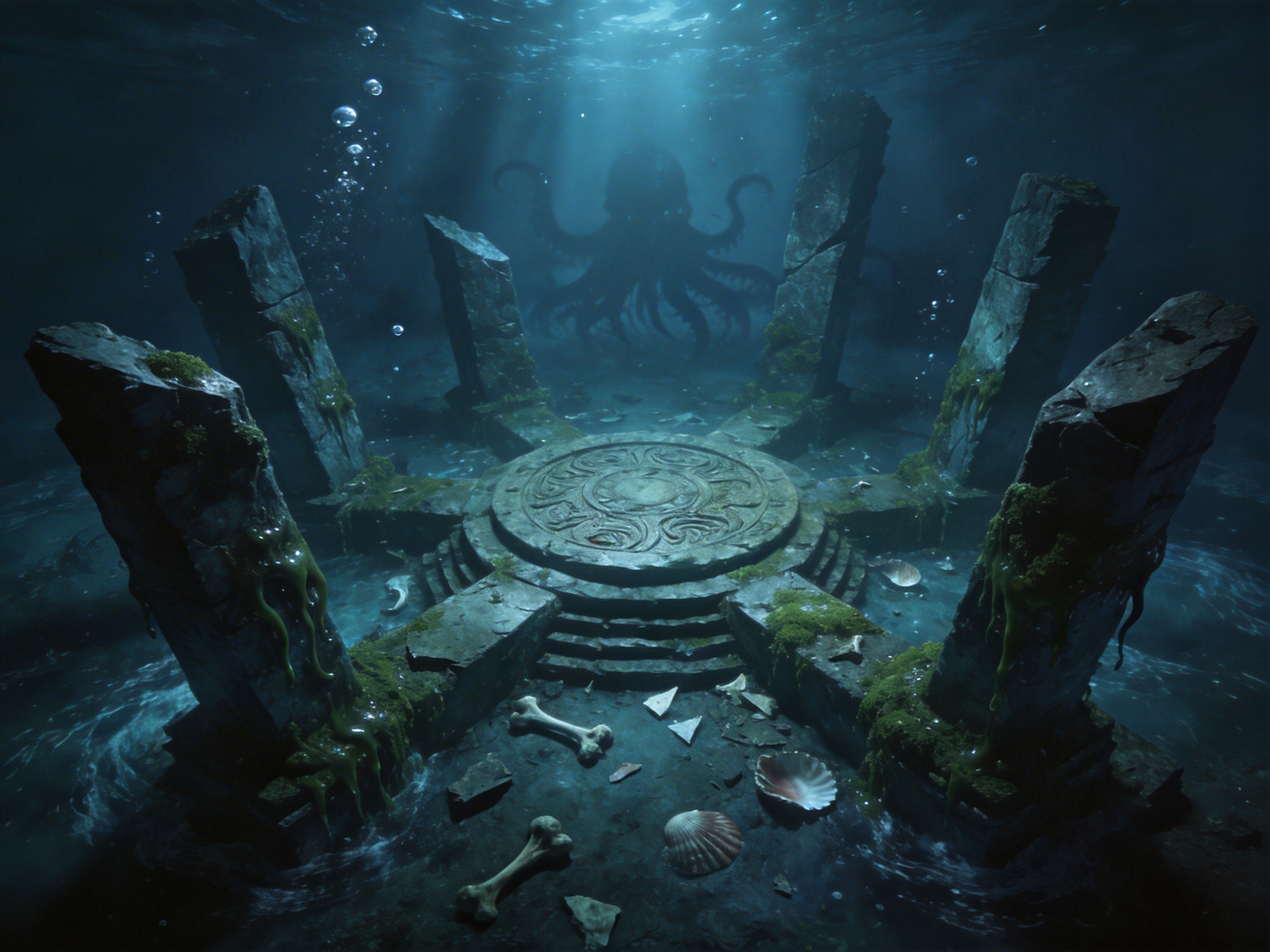 画面中呈现了一个幽暗且神秘的海底遗迹场景。构图中心是一个圆形的石质祭坛，上面刻有复杂的螺旋花纹，祭坛周围环绕着几根巨大的、断裂的石柱，石柱上覆盖着绿色的苔藓和黏稠的海洋生物。地面上散落着白色的骨头碎片和贝壳，上方有细小的气泡升腾。背景深处，在微弱的蓝色水下光束照射下，隐约可见一只巨大的、拥有众多触手的克苏鲁式章鱼海怪剪影，营造出一种压抑而诡异的氛围。整体色调以深蓝色和墨绿色为主，光影对比强烈。在 AI 生成的细节方面，存在一些逻辑缺陷：左侧石柱上的绿色黏液流向违背了水下浮力常识，显得过于沉重；祭坛周围的台阶连接处透视略显生硬，且散落在地上的骨骼形状模糊，不符合真实的生物解剖结构。此外，背景中海怪的触手分布较为杂乱，缺乏清晰的生长逻辑。