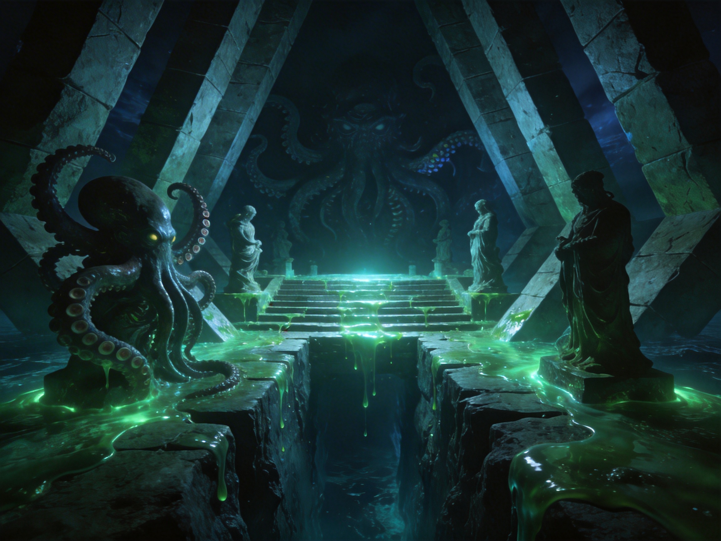 图中展示了一个充满克苏鲁神话风格的深海祭坛场景，整体色调阴暗，呈现出深蓝色与荧光绿交织的诡异氛围。画面中心是一座由粗糙石块堆砌的祭坛，台阶上流淌着发光的绿色粘稠液体。祭坛两侧矗立着几尊古典风格的人物石像，而左前方则坐落着一只巨大的章鱼雕像，其触手卷曲，眼睛闪烁着黄光。背景深处，一个巨大的章鱼怪影（克苏鲁）在黑暗中若隐若现，其触手向四周蔓延。构图采用对称透视，通过两侧倾斜的巨大石柱将视线引向中央的强光点。

作为 AI 生成的图像，画面存在一些明显的逻辑缺陷：左侧章鱼雕像的触手与基座石块融合得不够自然，部分吸盘的排列显得杂乱且不符合解剖学；右侧石像的细节模糊，手部轮廓缺失；此外，祭坛台阶上的绿色液体流动方向与物理重力感略有违和，部分液滴在半空中显得生硬。