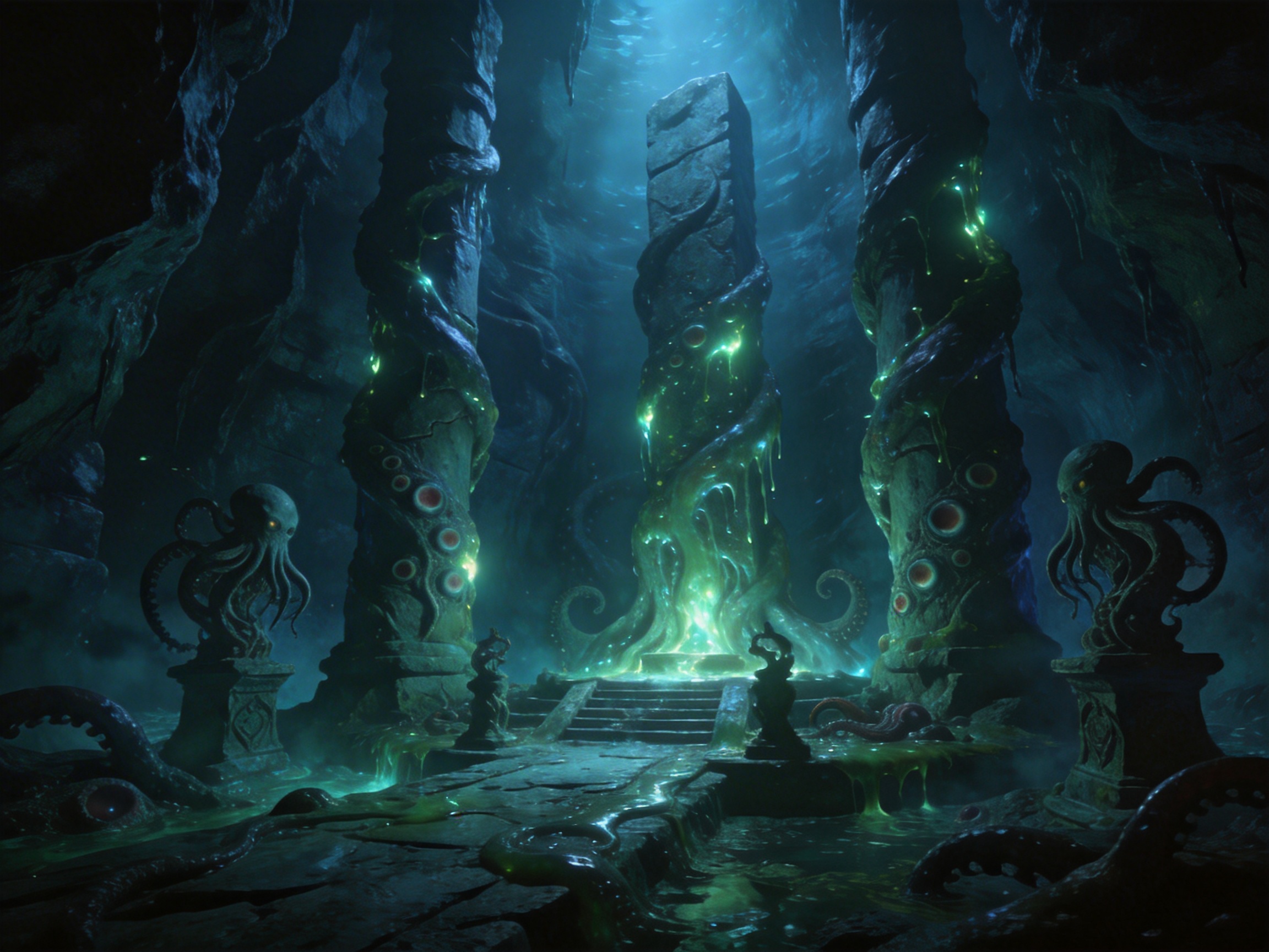 图中展现了一个充满克苏鲁神话风格的深海遗迹或地下神庙。画面色调阴暗，以深蓝色和荧光绿色为主。中央是一座巨大的矩形石碑，被粗壮且带有吸盘的触手紧紧缠绕，底部散发出强烈的绿色荧光，仿佛某种邪恶的仪式正在进行。石碑两侧矗立着巨大的石柱，同样被触手环绕，柱身上嵌有散发红光的类似眼球的结构。画面前方左右各有一尊章鱼造型的石像，地面湿漉漉的，布满了黏液和蠕动的触手。光线从上方透入，营造出一种压抑而神秘的水下氛围。在 AI 生成的细节上，存在一些逻辑缺陷：右侧石柱上的红色眼球排列过于随意且结构模糊；地面上的触手与岩石的交界处显得融合生硬，缺乏真实的物理接触感；远景处的石壁纹理呈现出重复且不自然的拉伸感，部分触手的末端消失在虚无中，缺乏完整的解剖结构。