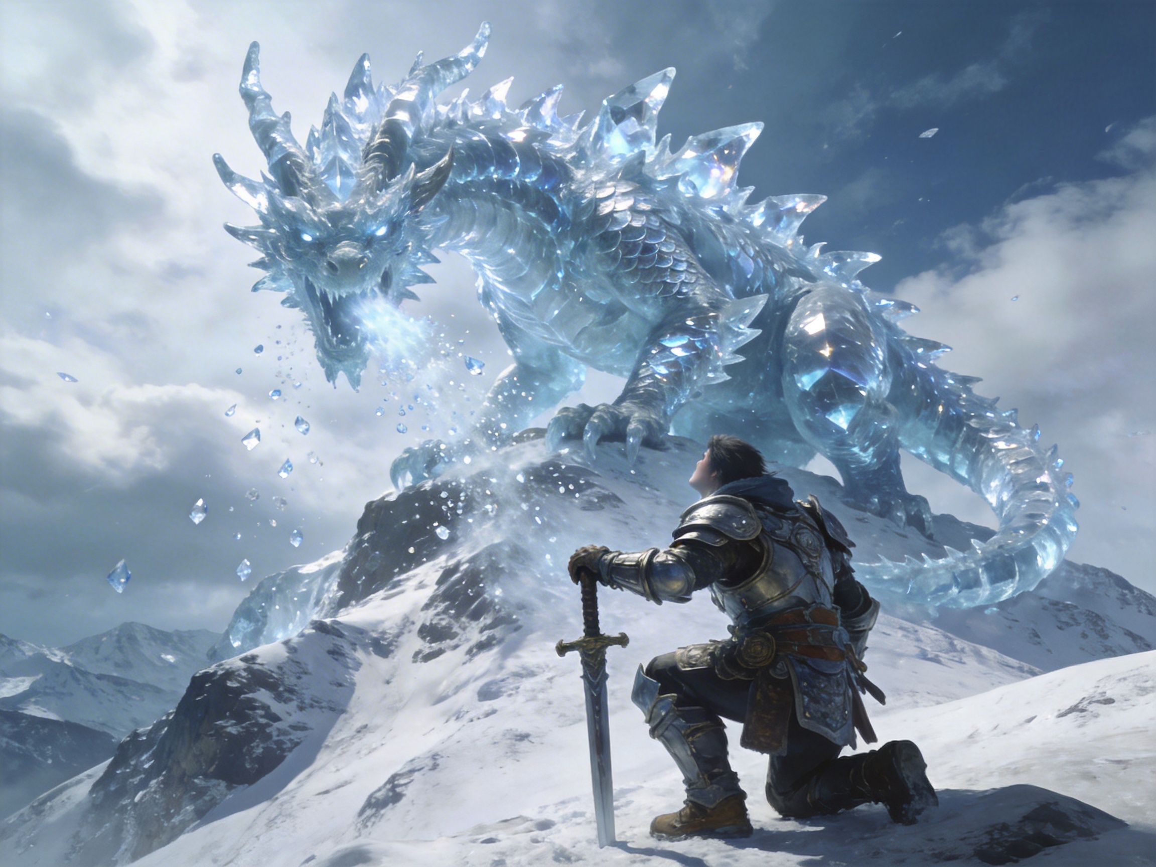 图中展现了一个宏大的奇幻战斗场景。画面中心是一条巨大的冰晶巨龙，它通体由半透明的蓝色冰块构成，背部布满锋利的晶体尖刺，正张开大嘴向下方喷吐寒气和碎冰。在巨龙对面的雪山之巅，一位身穿银色铠甲的骑士单膝跪地，右手拄着一把长剑，正抬头仰望这头巨兽。背景是连绵的雪山和阴云密布的天空，整体色调以冷蓝色、白色和灰色为主，营造出一种寒冷且压抑的氛围。构图上采用低角度仰拍，突出了巨龙的庞大与威严。

画面中存在明显的 AI 生成缺陷：骑士拄剑的右手手指结构模糊且数量异常，与剑柄的接触显得不自然；长剑的剑刃在靠近雪地处似乎略有弯曲，透视逻辑不够严谨；此外，巨龙左前爪与山石接触的部分纹理混杂，缺乏清晰的结构支撑感，部分飘浮在空中的冰晶碎片边缘过于锐利，与环境光影略有脱节。