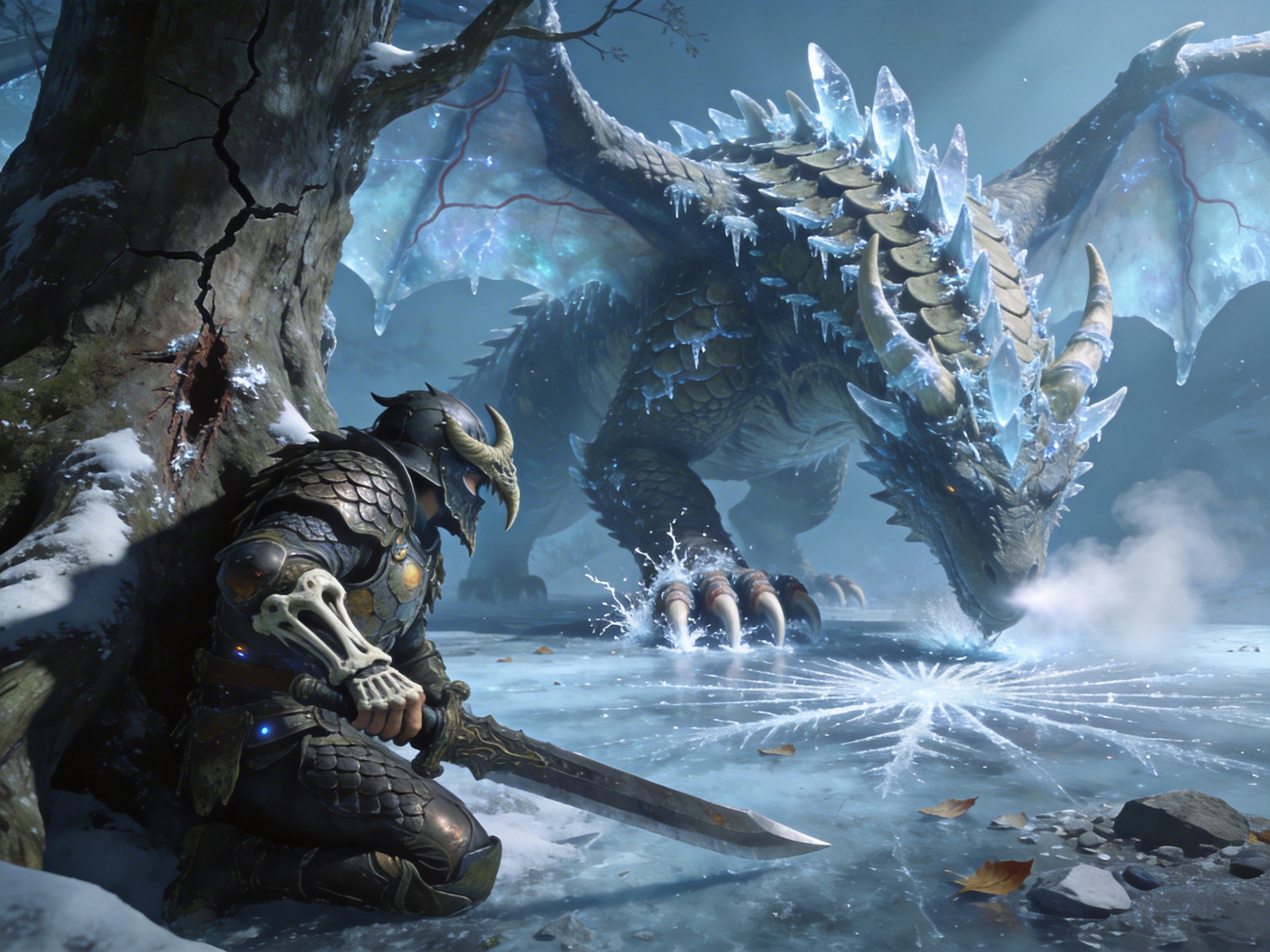 画面中呈现了一幅充满张力的奇幻战斗场景。左侧前景中，一名身着深色鳞甲、头戴牛角头盔的战士正蹲伏在一棵覆雪的古树后，他右手紧握一把宽刃重剑，神情戒备。画面右侧是一头体型巨大的冰霜巨龙，它正俯下头颅，鼻息中喷出的寒气在冰面上凝结成放射状的冰晶。巨龙全身覆盖着厚重的褐色鳞片，背部和头部生长着晶莹剔透的蓝色冰晶，巨大的双翼半张，翼膜呈现出如星空般的幽蓝色泽。整体色调以冷峻的蓝、灰、白为主，营造出寒冷肃杀的氛围。在 AI 生成细节方面，存在明显的逻辑缺陷：战士左手护臂上的骨骼装饰结构混乱，且左手似乎直接消失在护臂中，没有抓握动作；巨龙的前爪与冰面的接触处水花飞溅效果生硬，且爪子的数量和透视关系显得不自然；此外，战士背后的树干纹理在受力点处出现了不规则的断裂和模糊。