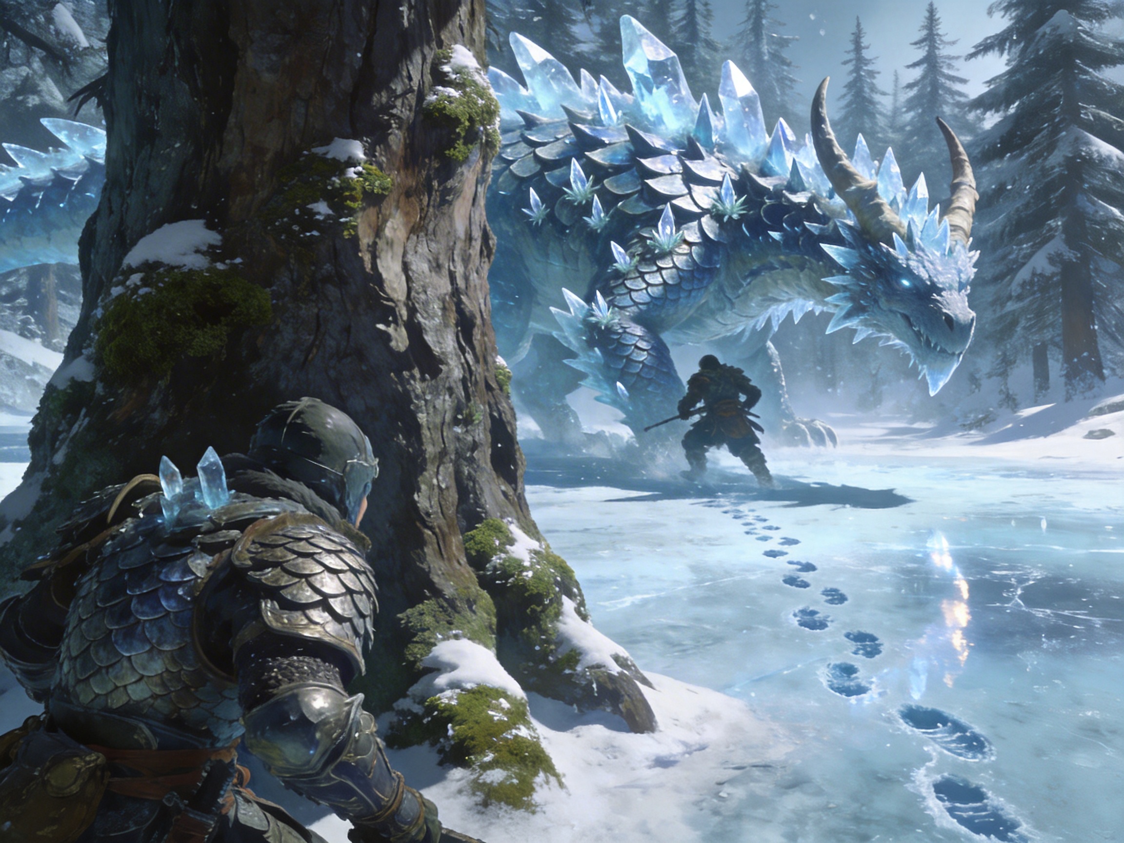 图中展现了一个充满奇幻色彩的雪地狩猎场景。画面左前景有一名身穿银色鳞甲的战士，正躲在一棵粗壮且覆盖着积雪和苔藓的古树后观察。中景处，另一名战士正手持武器冲向一只巨大的冰霜巨龙。这只巨龙体型庞大，全身覆盖着深蓝色的鳞片，背部和头部生长着晶莹剔透的蓝色冰晶，双眼散发着寒光。背景是白雪皑皑的针叶林，天空呈现出淡淡的灰蓝色。构图上利用树木作为遮挡，增强了紧张的潜行感，冰面上留有一串清晰的脚印。

在 AI 生成的细节方面，存在一些明显的逻辑缺陷：画面右侧冲锋的战士脚下的脚印形状过于规整且方向与行进姿态不符，看起来更像是凭空出现的符号；巨龙的左前肢与地面的接触点显得模糊，透视关系略显生硬；此外，前景战士背部的冰晶装饰与盔甲的衔接处缺乏自然的物理结构支撑。
