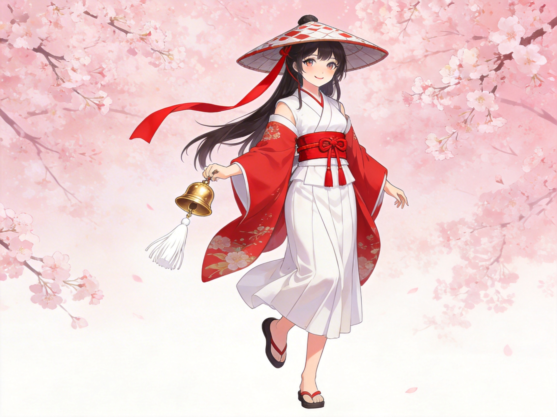 图中展现了一位具有二次元动漫风格的年轻女性，她正漫步在绚烂的粉色樱花背景下。这位女性留着黑色长发，头戴一顶带有红白格子图案的宽大斗笠，身穿一套红白相间的改良式和服，腰间系着红色腰带，脚踩传统的木屐。她右手提着一个带有白色流苏的金黄色铃铛，神情愉悦。画面整体色调清新，以粉色和白色为主，营造出一种唯美浪漫的和风氛围。

在 AI 生成细节方面，画面存在几处明显的逻辑缺陷：首先，人物右手提铃铛的手指结构模糊且扭曲，指节数量异常；其次，人物左手的指尖呈现出不自然的尖锐感，且手掌与手腕的连接角度生硬；此外，和服的袖口与身体的遮挡关系略显混乱，斗笠边缘的线条也存在轻微的透视扭曲。尽管如此，背景中层叠的樱花与人物的动态姿势依然构成了一幅和谐的视觉画面。