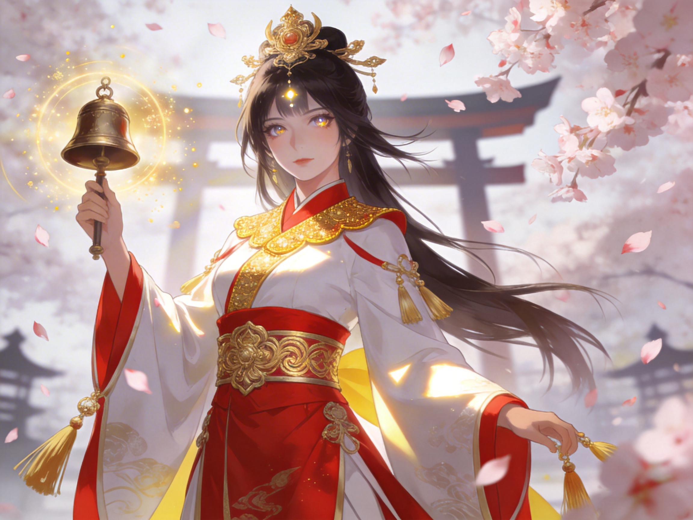 画面中展示了一位具有东方古典韵味的动漫风格少女，她站在漫天飞舞的樱花瓣中。少女拥有黑色的长发，头戴精致的金红色发冠，身着一件华丽的红白相间传统服饰，腰间束有宽大的金色云纹腰带。她右手高举一把散发着金色神圣光芒的铜铃，左手自然垂下，背景是一座模糊的红色鸟居建筑。整幅画作色调明亮温暖，充满奇幻色彩。然而，画面存在明显的 AI 生成缺陷：少女右手握住铃铛手柄的方式不符合解剖学，手指关节模糊且扭曲；左手手指显得过于细长且缺失指节细节；此外，背景中鸟居的横梁结构左右不对称，且少女发冠上的饰物与头发的衔接处略显生硬，缺乏自然的重力感。