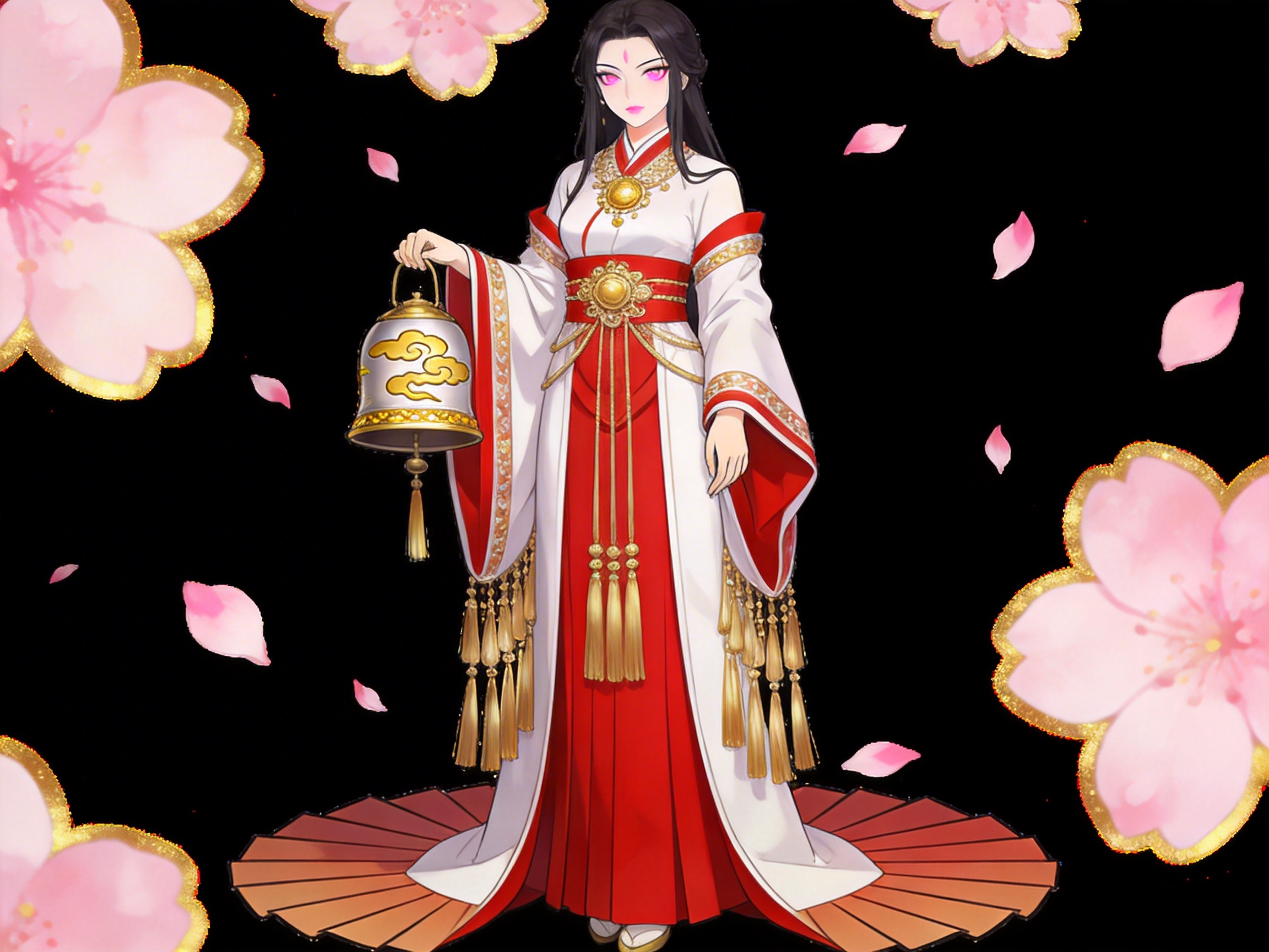 图中展示了一位具有中国风动漫色彩的女性角色，她站在纯黑色的背景中心，四周环绕着粉色的樱花瓣和带有金色描边的巨大樱花图案。女子留着黑色长发，额间有点缀，双眼呈现出明亮的粉紫色。她穿着一套红白相间的华丽古风长袍，腰间和领口装饰着精美的金色圆盘饰品，衣袖和裙摆处垂挂着许多金色的流苏。她右手提着一只带有云纹装饰的金色铃铛，脚下踩着一个展开的橘红色折扇形底座。

画面中存在明显的 AI 生成缺陷：首先是女子的右手，手指结构模糊且扭曲，与铃铛提手的衔接非常生硬，看起来像是直接粘在上面；其次，左手的手指线条混乱，缺乏自然的关节结构；此外，身体两侧垂下的金色流苏分布不均，部分流苏似乎凭空悬浮在袖口下方，缺乏合理的物理连接感；背景中的樱花瓣分布较为随机，部分花瓣的边缘显得有些生硬。