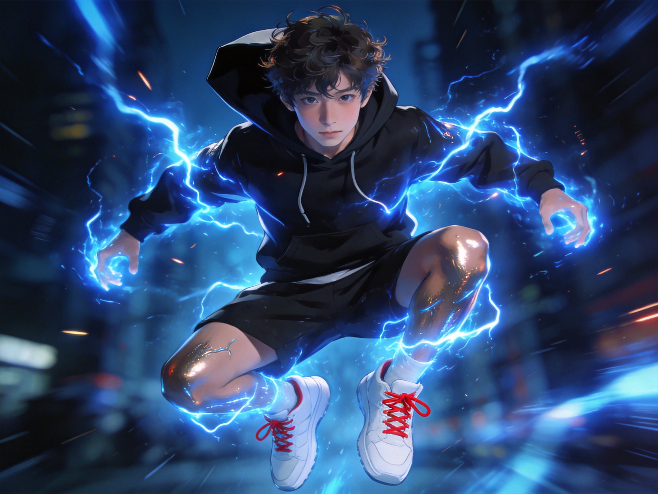 图中展现了一位拥有超能力的少年，他正处于一种充满动感的跃起姿态。少年留着深色卷发，面容清秀，身穿一件黑色连帽卫衣和黑色短裤，脚踩一双带有红色鞋带的白色运动鞋。背景是模糊的深夜城市街景，营造出一种高速移动的视觉冲击感。最引人注目的是环绕少年全身的亮蓝色闪电特效，电流从他的双手和双腿迸发而出，照亮了他的轮廓。

在 AI 生成的细节方面，存在一些明显的逻辑缺陷：少年的左手手指结构模糊且扭曲，呈现出不自然的抓握状；他的右腿膝盖处出现了一块类似金属质感的奇异反光，且皮肤纹理与周围不协调；此外，少年跃起的姿势在透视上略显生硬，双脚的朝向与身体重心的平衡关系不够自然。尽管如此，整幅画面色彩对比强烈，展现了极强的奇幻氛围。