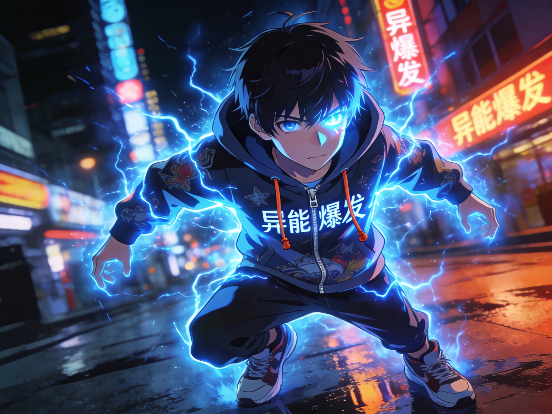 图中展现了一位具有动漫风格的少年，正处于充满能量的战斗姿态。他蹲伏在湿漉漉的城市街道上，背景是霓虹闪烁的夜景。少年留着黑色乱发，目光凌厉，左眼闪烁着耀眼的蓝色电光。他穿着一件深蓝色连帽卫衣，胸前印有白色汉字“异能爆发”，周身环绕着密集的蓝色闪电特效，给人一种充满爆发力的视觉冲击。背景中的招牌也带有相同的汉字，色彩以深蓝和橙红为主，形成鲜明对比。

在 AI 生成细节方面，存在一些明显的逻辑缺陷：少年的双手手指结构异常，显得扭曲且长短不一，缺乏正常的关节质感；卫衣拉链顶部的结构模糊，与领口连接不自然；此外，背景招牌上的汉字虽然清晰，但部分笔画略显生硬，且少年脚下的地面倒影与身体姿势的透视关系不够严谨。