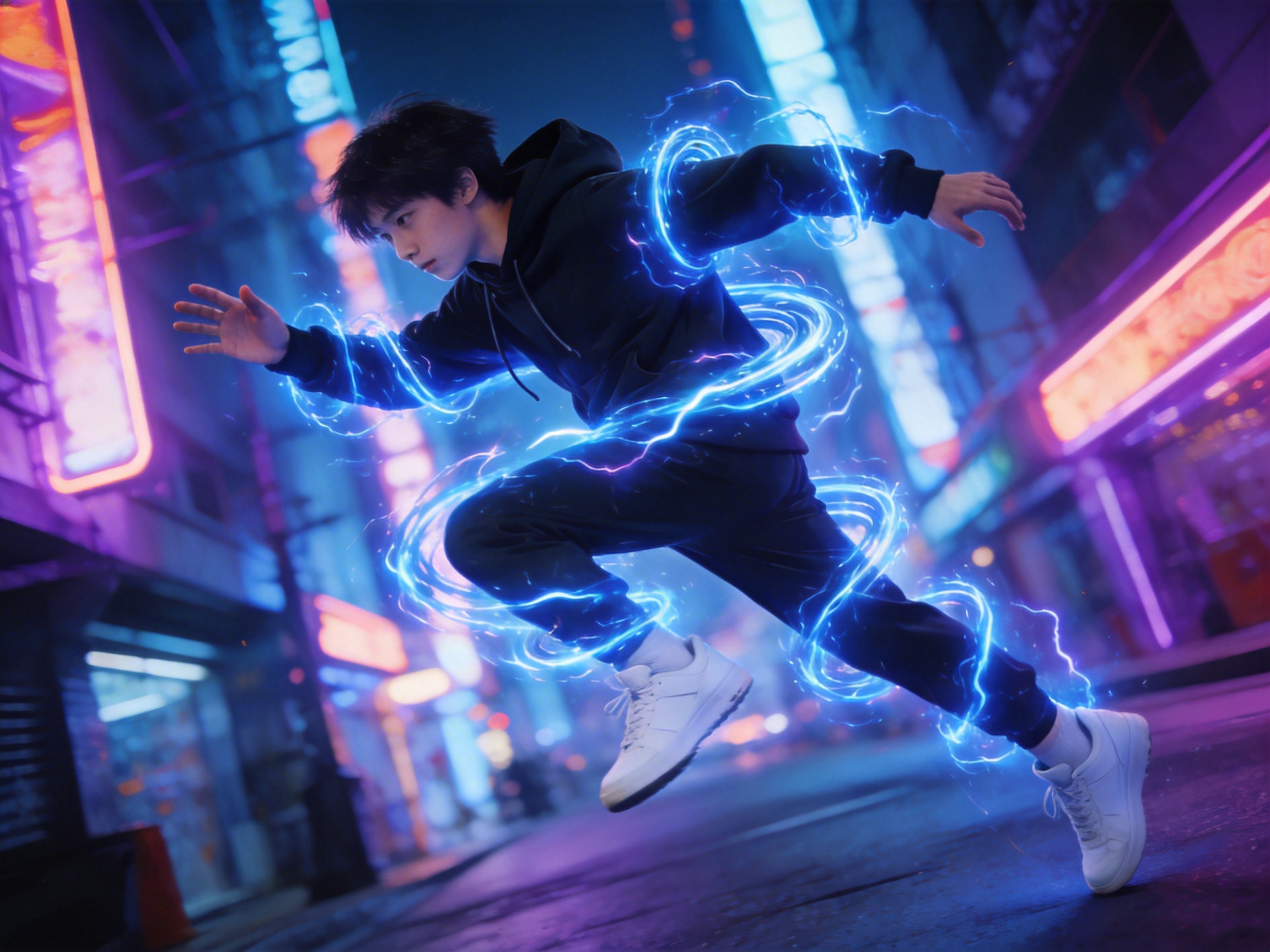 图中展现了一位年轻男子在充满赛博朋克风格的都市街道上疾速奔跑的动态瞬间。他留着黑色短发，身穿黑色连帽卫衣和长裤，脚蹬纯白色运动鞋。画面采用了倾斜构图，增强了速度感与冲击力。背景是虚化的城市夜景，充斥着明亮的蓝色和紫色霓虹灯光，地面倒映着绚丽的色彩。最引人注目的是，男子周身环绕着数道亮蓝色的电流状光圈，仿佛拥有超能力。然而，画面存在明显的 AI 生成缺陷：男子的右手手指比例失调且扭曲，左手手指则显得模糊并呈现出不自然的重叠状态；背景中的霓虹灯牌文字杂乱无章，无法辨认；此外，他右脚鞋子的透视角度与腿部动作略显脱节，且周身的光效在局部与身体的遮挡关系处理得不够自然。