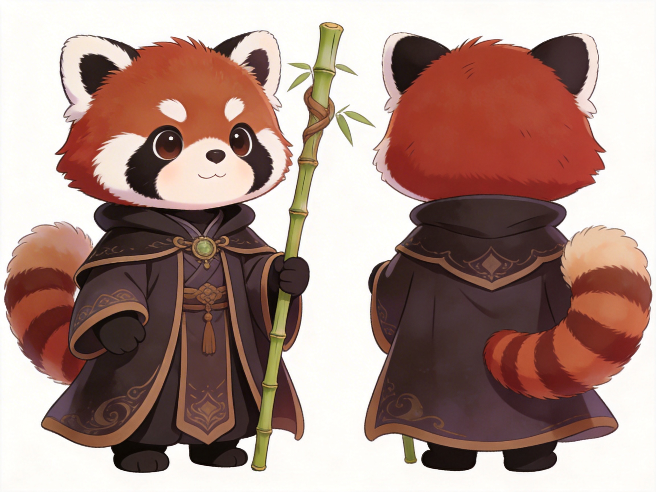 画面中展示了一只可爱的小熊猫（红熊猫）的角色设计图，背景为纯白色。画面分为正反两个视角：左侧是正面，右侧是背面。这只小熊猫有着红褐色的毛发、白色的眉斑和标志性的环状花纹大尾巴。它穿着一套深紫色带有金色滚边的中式风格长袍，胸前佩戴着一枚绿色玉石吊坠，腰间系着精致的绳结。左侧的小熊猫正用黑色的爪子握着一根比它还高的青绿色竹杖，竹杖顶端缠绕着藤蔓并长有几片绿叶。整体画风偏向Q版动漫风格，色彩温润。

在 AI 生成的细节方面，存在一些明显的逻辑缺陷：首先是竹杖的透视和位置异常，左侧正面图中它握着竹杖，但在右侧背面图中，竹杖却突兀地出现在小熊猫的双腿之间，且没有被手握住，像是凭空立在地上。其次，左侧正面图中，小熊猫握住竹杖的黑色爪子结构模糊，看起来更像是一个圆球，缺乏指爪的细节。此外，长袍底部的金色花纹在正反两面并不完全对称，存在细微的形状偏差。