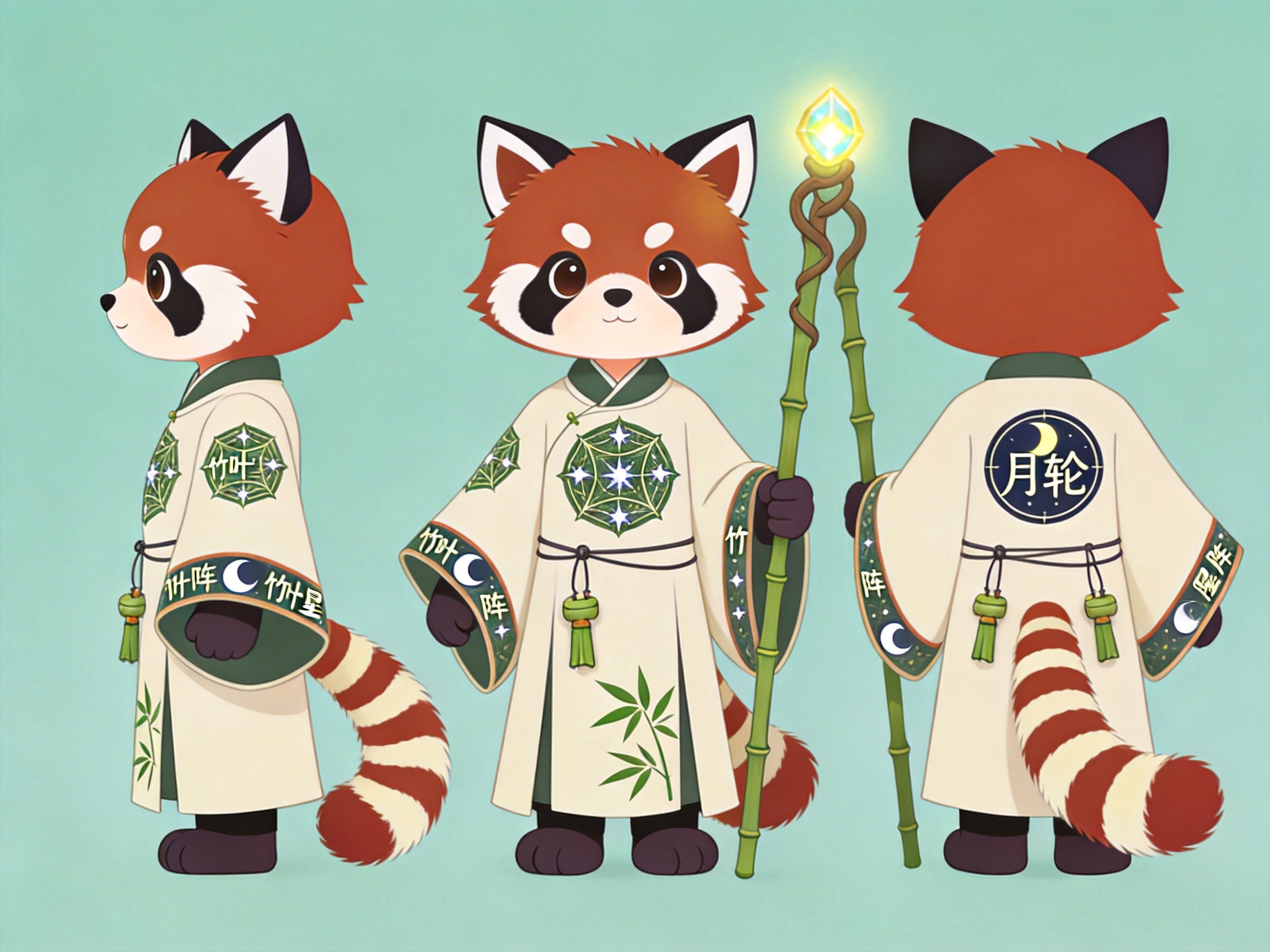 图中展示了一个可爱的小熊猫（红熊猫）角色的三视图设计，包括侧面、正面和背面。背景是清爽的浅绿色。这只小熊猫有着标志性的红褐色毛发、白色的眉斑和黑白相间的环状大尾巴，它穿着一件米白色的中式长袍，领口和袖口点缀着深绿色。长袍上印有竹叶、星辰和月亮的图案，腰间挂着绿色流苏。正面角色手持一根顶端镶嵌着发光黄色宝石的竹节法杖。

画面中存在明显的 AI 生成缺陷：首先是文字错误，长袍上的汉字如“月轮”、“竹叶”等笔画扭曲，且出现了无法辨认的伪汉字；其次是法杖的结构异常，法杖在正面和背面视角中的位置与角色手部的握持逻辑不一致，且法杖顶部的藤蔓缠绕方式显得凌乱且不合常理；最后，侧面视角中小熊猫的尾巴连接处略显生硬，与身体的透视关系不够自然。