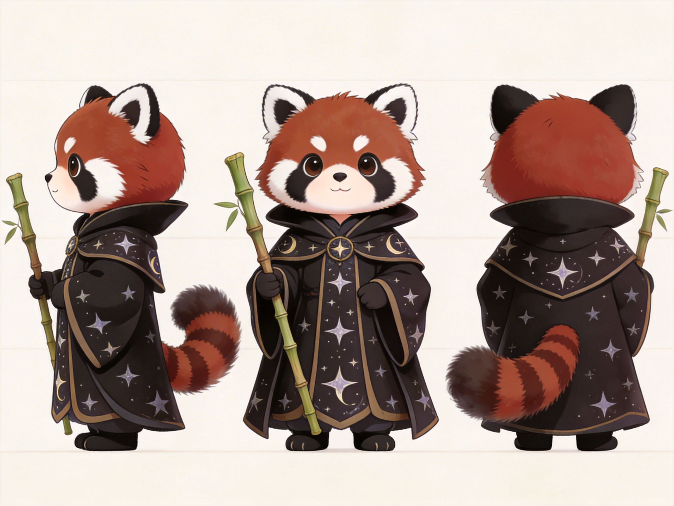 图中展示了一只可爱的小熊猫法师的角色设定图，分别从侧面、正面和背面三个角度呈现。这只小熊猫拥有红褐色的毛发、白色的眉斑和标志性的黑眼圈，尾巴粗壮且带有环状花纹。它身穿一套深黑色的魔法长袍，袍子上点缀着银色的星星和月亮图案，领口处有一个圆形的星形徽章。它手中握着一根翠绿色的竹节法杖，整体画风偏向Q版萌系。

在 AI 生成的细节方面，存在一些明显的逻辑缺陷：首先是法杖的位置，在正面视角中，小熊猫的右手握着法杖，但在侧面视角中法杖却出现在左手位置，且法杖上的竹叶分布不一致。其次，尾巴的透视关系略显生硬，尤其是背面视角下，尾巴像是直接贴在长袍表面，缺乏自然的穿出感。此外，长袍上的星月图案在不同视角下的排布规律并不统一，存在随机生成的痕迹。