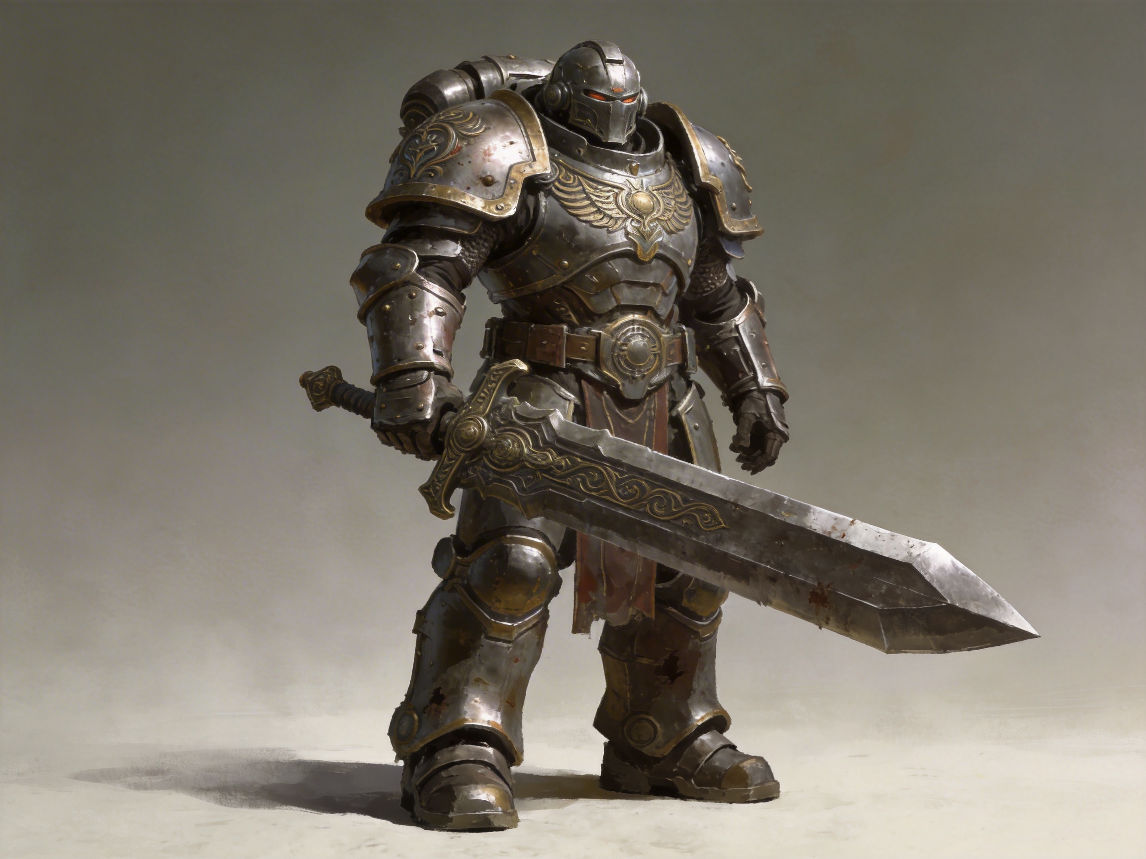 图中展现了一位身着厚重动力装甲的重装战士，整体风格融合了科幻与中世纪奇幻。战士全身覆盖着带有磨损痕迹的银灰色金属铠甲，胸甲和肩甲上装饰着精美的金色飞翼纹章，头盔的双眼处透出微弱的红光，背部背负着巨大的动力背包。他右手斜握着一把装饰华丽、剑身宽大的巨剑，剑刃上沾染着些许血迹。背景为简洁的灰白色调，伴有淡淡的烟尘感，营造出一种肃穆的战场氛围。在 AI 生成的细节方面，存在明显的逻辑缺陷：战士右手握剑的姿势极不自然，手掌与剑柄的连接处结构模糊且扭曲，手指数量和形态不清晰；此外，巨剑的护手部分与手臂的穿插关系存在透视错误，剑柄末端似乎凭空悬浮在手部后方，缺乏合理的物理支撑感。