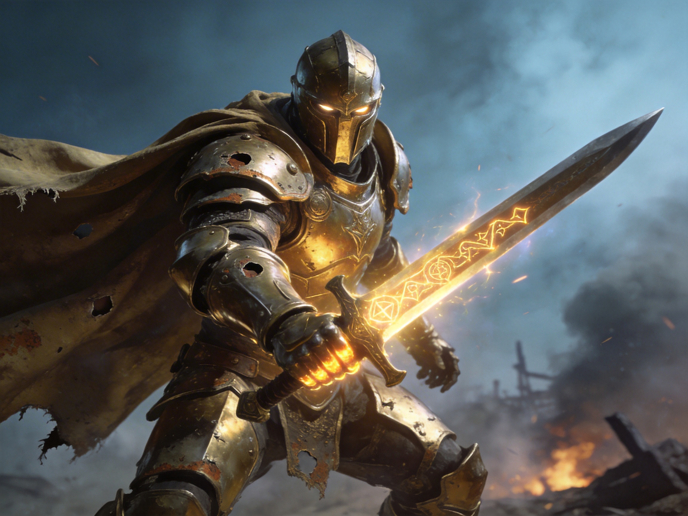 图中展现了一位威武的重装骑士，正身处硝烟弥漫的战场。骑士全身披挂着带有锈迹和战损痕迹的金黄色铠甲，头盔的眼部散发出耀眼的橙黄色光芒，显得神圣而威严。他身后披着一件破旧的土黄色披风，在风中向左侧飘扬。骑士右手紧握一把燃烧着金色火焰的长剑，剑身上刻有发光的神秘符文，火焰的亮光映照在盔甲表面，形成了强烈的明暗对比。背景是昏暗阴沉的天空，右下方隐约可见燃烧的废墟和残骸，整体色调以沉稳的金属金、暗灰和火光橙为主。在 AI 生成的细节方面，存在明显的逻辑缺陷：骑士握剑的右手手指结构模糊且数量异常，指节与剑柄的融合显得不自然；此外，长剑的护手部分左右不对称，剑柄末端的配重球位置也发生了偏移，未能与剑身保持在同一中轴线上。