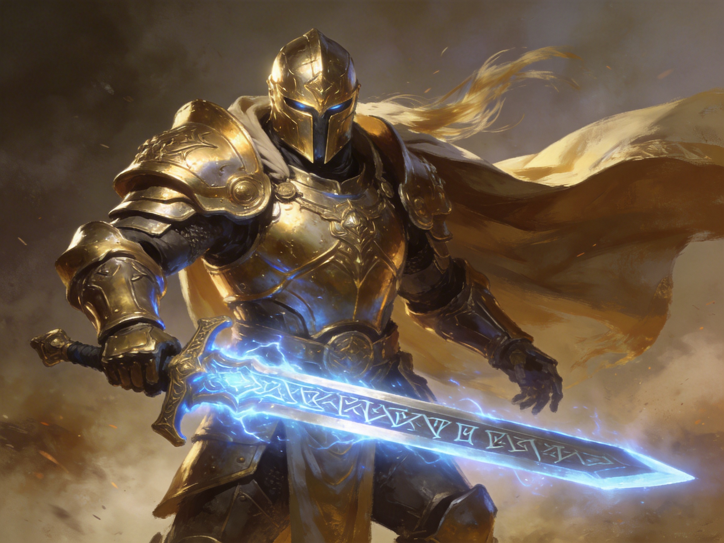 图中展现了一位身披厚重金色铠甲的圣骑士，正处于烟尘弥漫的战场中心。这位战士全身被雕刻精美的金黄色盔甲覆盖，头盔的双眼处透出冷冽的蓝光，身后披着一件在风中猎猎作响的淡黄色披风。他右手横握一把巨大的符文阔剑，剑身散发着耀眼的蓝色电光，剑刃上刻有神秘的几何符号。画面色调以温暖的金色和深沉的棕色为主，与长剑的冷蓝色形成鲜明对比，构图采用中景仰视视角，突显了角色的威严与力量感。

在 AI 生成的细节方面，存在一些明显的逻辑缺陷：首先是手部结构，角色右手握剑的指节分布不均，显得有些模糊和扭曲，而左手垂下的手指形状细长且排列异常，缺乏自然的骨骼结构。其次，长剑的护手部分与手套的连接处透视关系混乱，仿佛剑柄直接穿过了手部。此外，披风的边缘与背景的烟雾融合得过于生硬，部分布料的纹理在转折处显得不切实际。