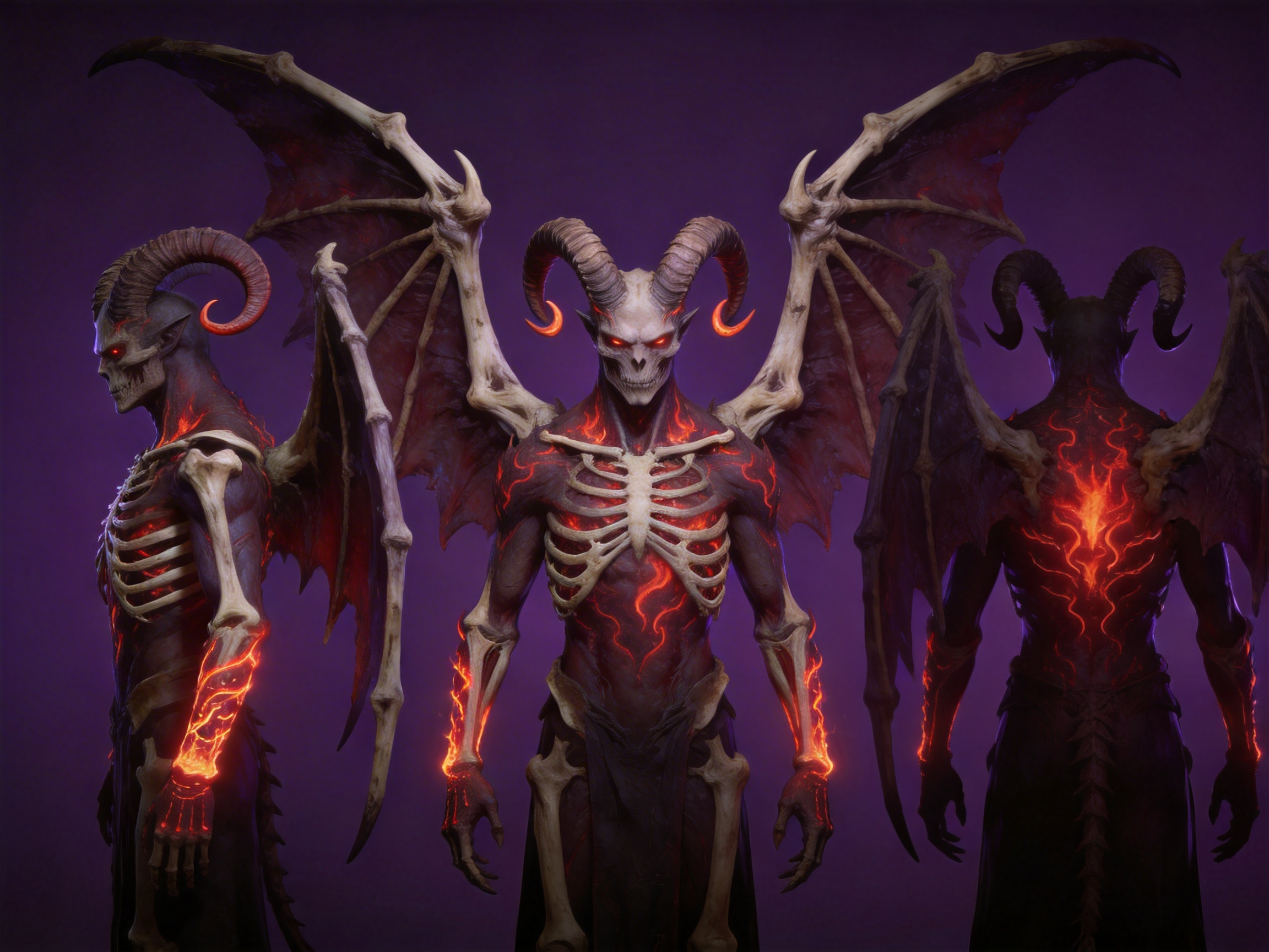 图中展示了一个具有恶魔特征的生物三视图，背景为纯净的深紫色。该生物拥有灰黑色的皮肤，躯干和手臂上布满了如岩浆般流动的橙红色发光纹路，胸部覆盖着外露的白色肋骨。它长有一对巨大的骨质蝠翼，头顶一对粗壮的盘旋羊角，面部呈现出类似骷髅的狰狞表情，双眼散发着红光。构图上，中间是正面全身像，左侧为侧面，右侧为背面，展示了角色设计的全貌。在 AI 生成细节方面，存在明显的逻辑缺陷：左侧侧视图中，生物的右臂凭空多出了一段白色的骨骼结构，且手部指节数量异常，显得杂乱；中间正面像的翅膀骨架与肩膀的连接处透视关系模糊，显得不够自然；右侧背视图中，翅膀的根部位置与正面并不完全对称，且脊柱下方的尾部结构在侧视图中并未清晰体现，存在设计上的不一致。