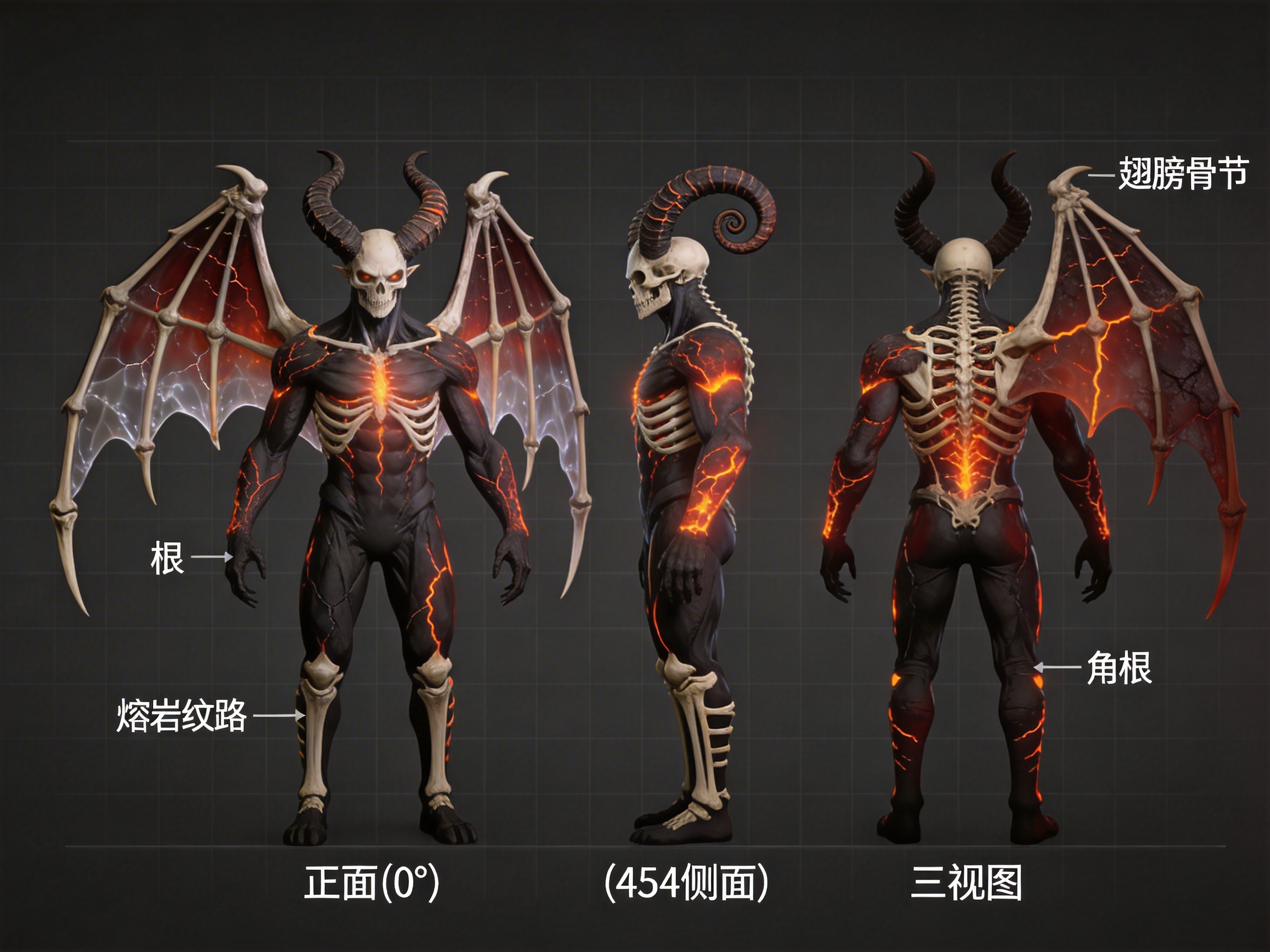 图中展示了一个暗黑奇幻风格的角色设计三视图，背景为深灰色网格线。该角色是一个融合了恶魔与骷髅元素的生物，拥有黑色肌肉质感的躯干，皮肤上布满了如岩浆般流动的橙红色发光纹路。它头部戴着巨大的羊角骷髅面具，胸部和背部覆盖着外露的白色肋骨，背部生有一对巨大的骨架羽翼，翼膜呈现半透明的暗红色。画面从左至右分别为正面、侧面和背面视角，并配有中文标注。

在 AI 生成的细节上存在明显缺陷：首先是文字逻辑错误，中间侧视角的标注文字为“454侧面”，显然是数字生成混乱；其次是结构不一致，正面视角有完整的双翼，但侧面视角翅膀完全消失，背面视角则只剩下右侧单翼，且骨骼连接处显得突兀。此外，角色的手指末端模糊不清，背部脊椎与肋骨的衔接在不同视角下也缺乏严谨的透视对应。