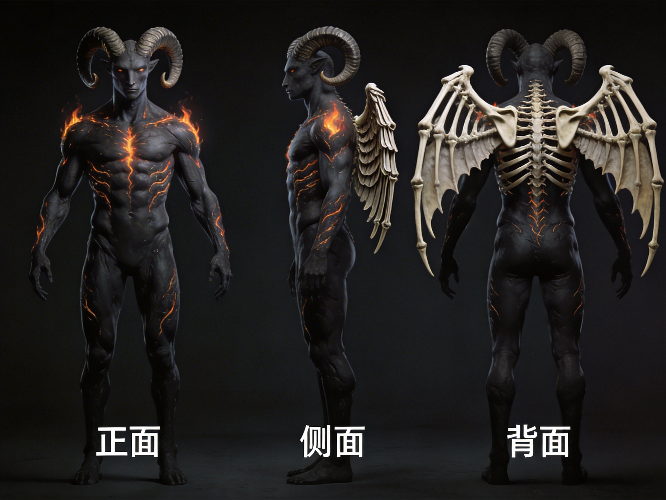 图中展示了一个具有恶魔特征的男性生物三视图，背景为纯黑色。该生物拥有深灰色的皮肤，肌肉线条分明，头顶长有一对巨大的螺旋状羊角。其躯干遍布如岩浆般流动的橙红色裂纹，双眼也闪烁着同样的光芒。从左至右分别是正面、侧面和背面，底部附有白色的中文标注。正面图中，生物肩膀处有微弱的火焰升腾；侧面图中，其背部伸出一对由白骨构成的羽翼；背面图则详细展示了外露的脊椎骨架与骨质翅膀的连接结构。

在 AI 生成细节方面存在明显缺陷：正面图中的双手手指比例失调且扭曲，呈现出不自然的尖锐感；侧面图中的翅膀羽毛质感与骨骼结构混杂，逻辑混乱；背面图的脊椎骨骼与肌肉的融合处缺乏解剖学合理性，且左侧翅膀的骨节连接处出现了明显的断裂和重叠。此外，三张视图中的脚部细节模糊，与地面的接触感较弱。