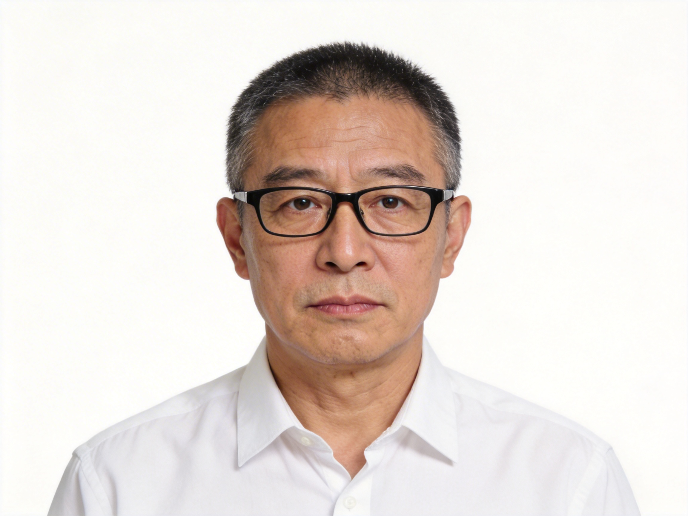 图中展示了一位约五十至六十岁的中年亚洲男性正面肖像。他留着利落的灰白色短寸头，面部表情严肃且沉稳。他戴着一副粗黑框眼镜，眼神深邃，皮肤上有明显的皱纹和岁月痕迹。他穿着一件平整的纯白色翻领衬衫，背景是干净的纯白色，整体构图类似于一张标准的证件照，光线均匀地打在面部，显得非常写实。

然而，画面中存在几处明显的 AI 生成缺陷：最显著的是眼镜结构异常，左侧（画面右侧）的眼镜腿并没有自然地挂在耳朵上，而是凭空消失或与鬓角融合；同时，眼镜框的线条在鼻梁处略显生硬，缺乏真实的物理衔接感。此外，人物双眼的瞳孔反光略有不对称，衬衫领口的缝线细节在接近肩膀处变得模糊且不连贯，这些特征揭示了该图像并非真实摄影作品。