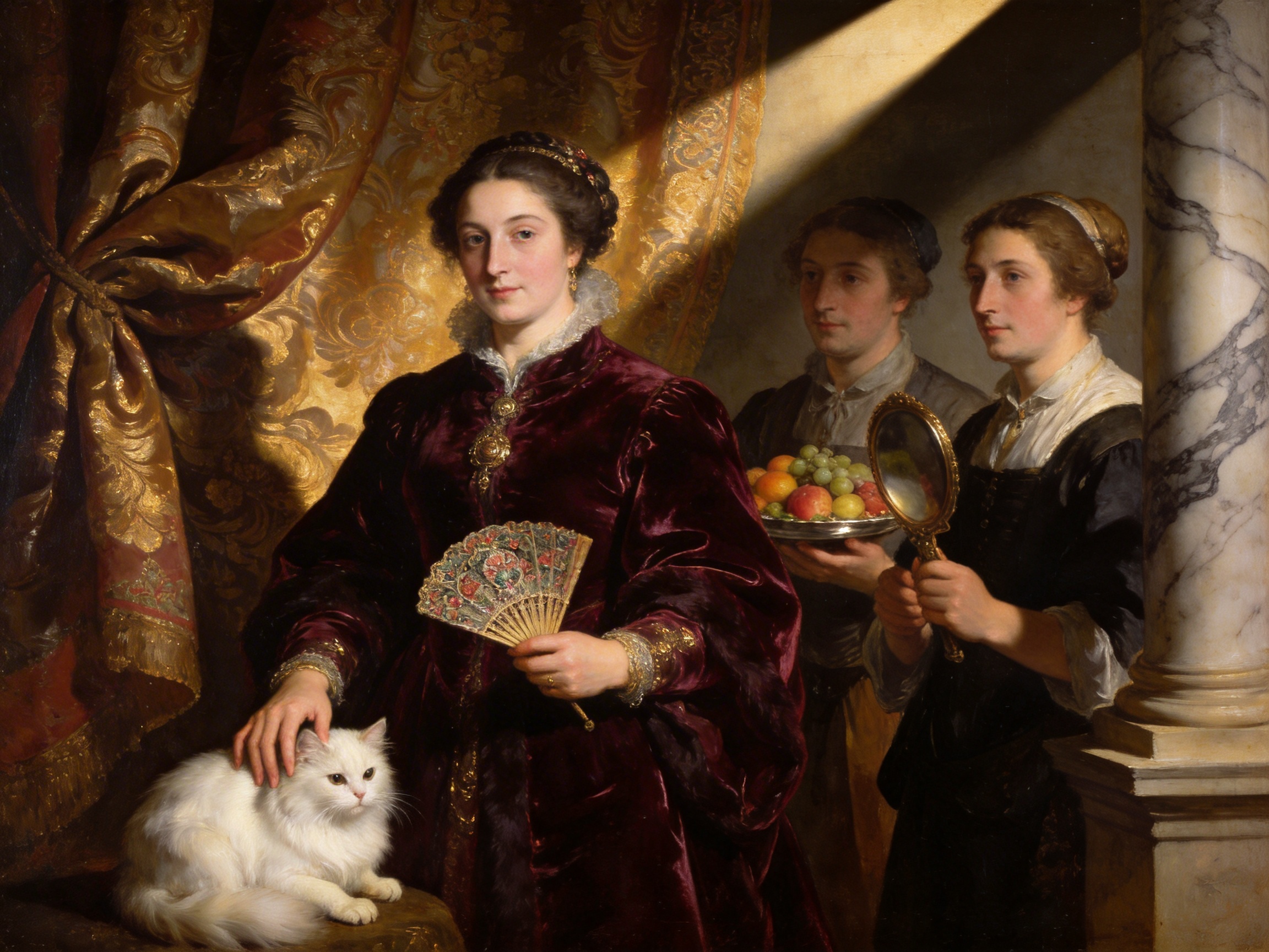 画面中呈现了一幅仿古典油画风格的室内人像。中心位置是一位端庄的贵妇，她穿着华丽的深紫色天鹅绒长裙，领口点缀着白色蕾丝，右手抚摸着一只蹲在桌上的白色长毛猫，左手持一把精致的折扇。她身后背景是金色的织锦垂帘，右侧站着两名侍从，一人端着果盘，另一人手持圆镜。光线从右上方斜射入画面，营造出强烈的明暗对比。

然而，画面中存在明显的 AI 生成缺陷：最显著的是贵妇抚摸猫的右手，手指数量异常且扭曲，指节连接逻辑混乱；她左手握扇子的姿势也显得生硬，手指与扇柄的融合不自然。右侧手持镜子的侍从，其握住镜柄的手部结构模糊，手指交叠方式违背生理结构。此外，背景中斜射的光束边缘过于生硬，与环境的融合略显刻板，猫的眼神方向与头部的透视关系也稍显不协调。