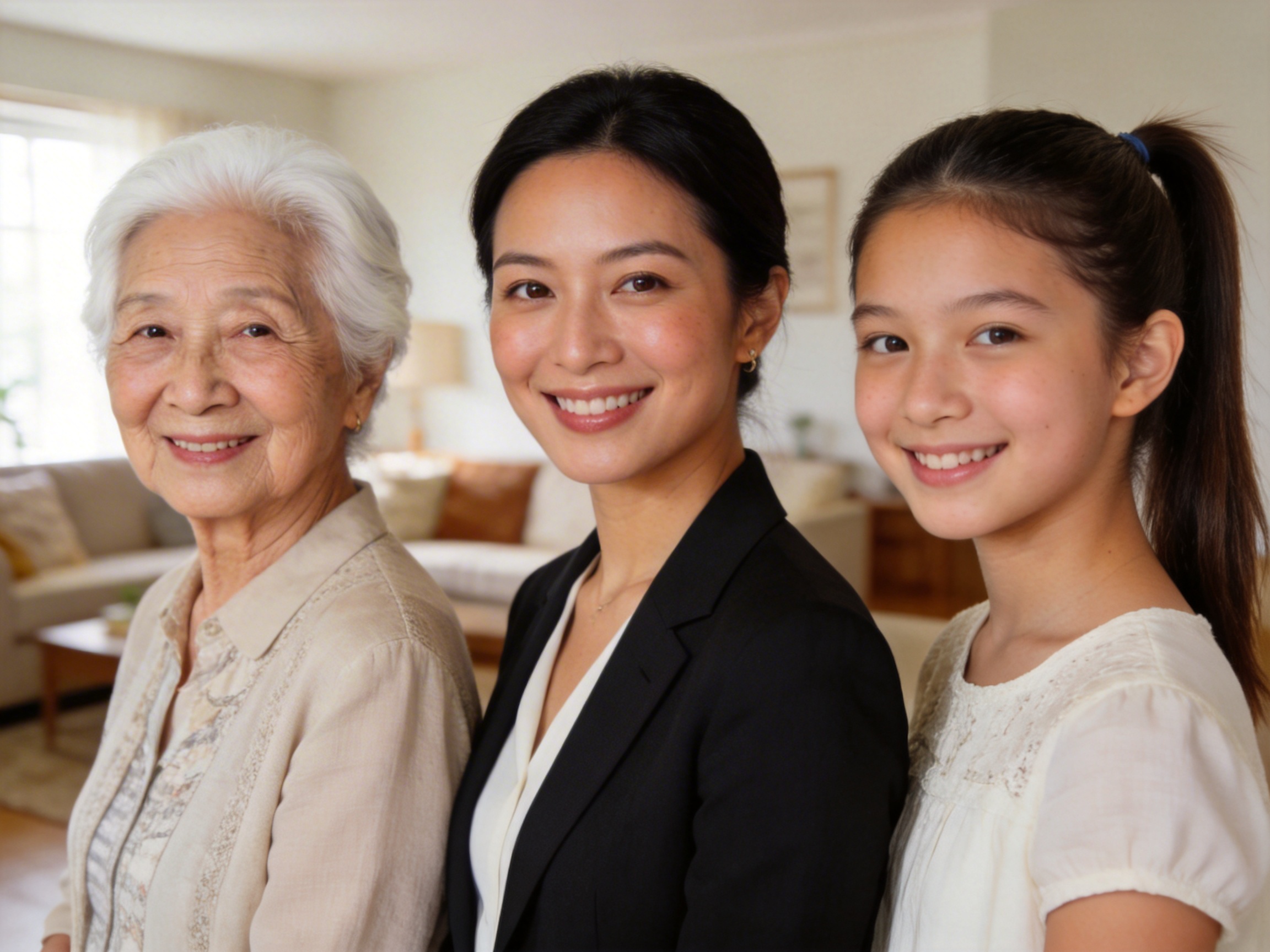 图中展示了一家三代女性的温馨合影，背景是一个光线明亮、居家风格的客厅。画面中心是三位东亚面孔的女性，从左至右依次为满头银发、面带慈祥微笑的老年女性，穿着米色开衫；中间是正值壮年、身穿黑色职业西装和白衬衫的成年女性，笑容自信；右侧是一位扎着高马尾、穿着白色蕾丝上衣的年轻少女。三人侧身站立，头部转向镜头，构图紧凑，色调温暖柔和。

在 AI 生成细节方面，存在一些明显的逻辑缺陷：最右侧少女的右肩处，衣服袖子的结构显得模糊且不自然，与身体的连接处透视异常。此外，中间女性的颈部线条略显僵硬，且其左耳佩戴的耳环细节模糊，与右侧少女清晰的面部特征形成对比。背景中的家具虽然营造了生活气息，但左侧沙发和桌子的边缘略显虚化，缺乏真实的景深层次感。