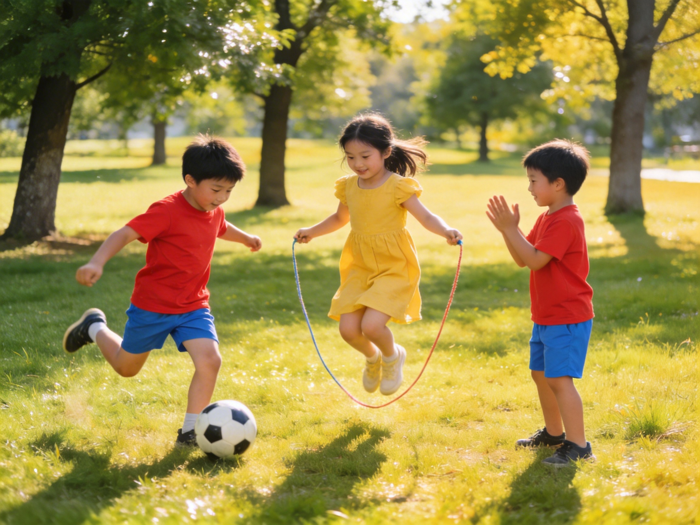 画面中展示了一个阳光明媚的公园绿地，三名东亚面孔的小朋友正在草坪上欢快地玩耍。背景是郁郁葱葱的树木，金色的阳光透过叶缝洒下，营造出温暖的午后氛围。左侧的小男孩穿着红色短袖和蓝色短裤，正做出踢足球的动作，脚边是一个黑白相间的足球；中间的小女孩穿着黄色连衣裙，正在跳绳，跳绳呈红蓝两色；右侧的小男孩同样穿着红衣蓝裤，正拍手欢笑。

然而，画面中存在多处明显的 AI 生成缺陷：首先，中间女孩手中的跳绳逻辑混乱，绳子似乎直接从她的手掌中穿出，且绳圈的弧度与她跳跃的高度不匹配，甚至穿过了她的腿部。其次，左侧踢球男孩的左脚脚踝处结构异常，显得扭曲且不自然。右侧男孩的手部细节模糊，手指融合在一起。此外，草地上的阴影投射方向与人物动作不完全吻合，足球的纹路在边缘处也显得有些模糊变形。