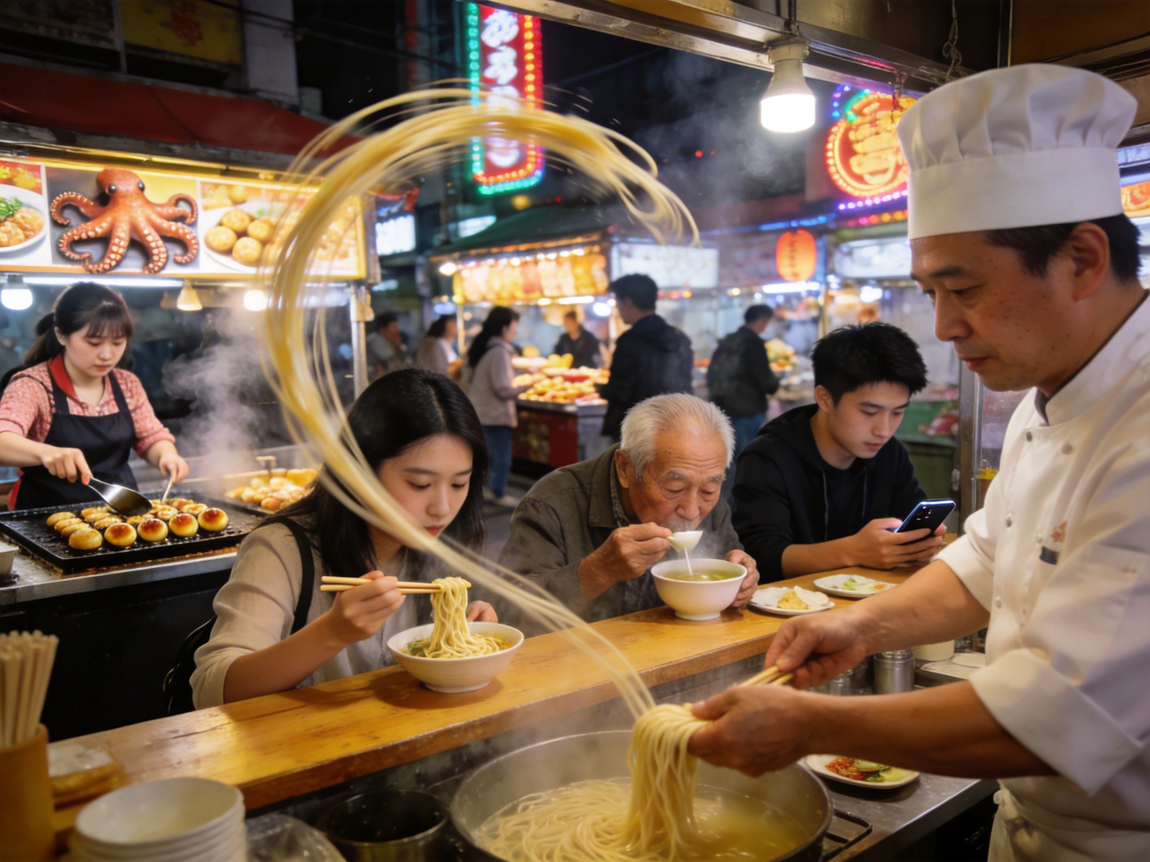 画面中展示了一个热闹的亚洲夜市摊位，灯火通明，充满生活气息。右侧一位穿着白色厨师服、戴着高帽的厨师正在锅前忙碌，他手中的面条竟在空中划出一道夸张的金色圆弧，连接到左侧一位年轻女性的碗中。摊位前坐着三位食客：左边的年轻女性正用筷子夹起面条，中间的老年男子在喝汤，右边的年轻人则在低头看手机。背景中还有章鱼烧摊位和熙熙攘攘的人群，霓虹灯牌闪烁，整体色调温暖。

这张图片存在明显的 AI 生成缺陷：最显著的是面条的物理逻辑异常，空中飞舞的面条线条杂乱且没有合理的支撑点，甚至直接穿过了食客的头部区域。厨师的手部结构模糊，左侧制作章鱼烧的女性手部动作僵硬且手指缺失。背景中的文字招牌均为无法辨认的乱码。此外，食客手中的筷子与面条的接触点衔接生硬，缺乏真实的重力感。
