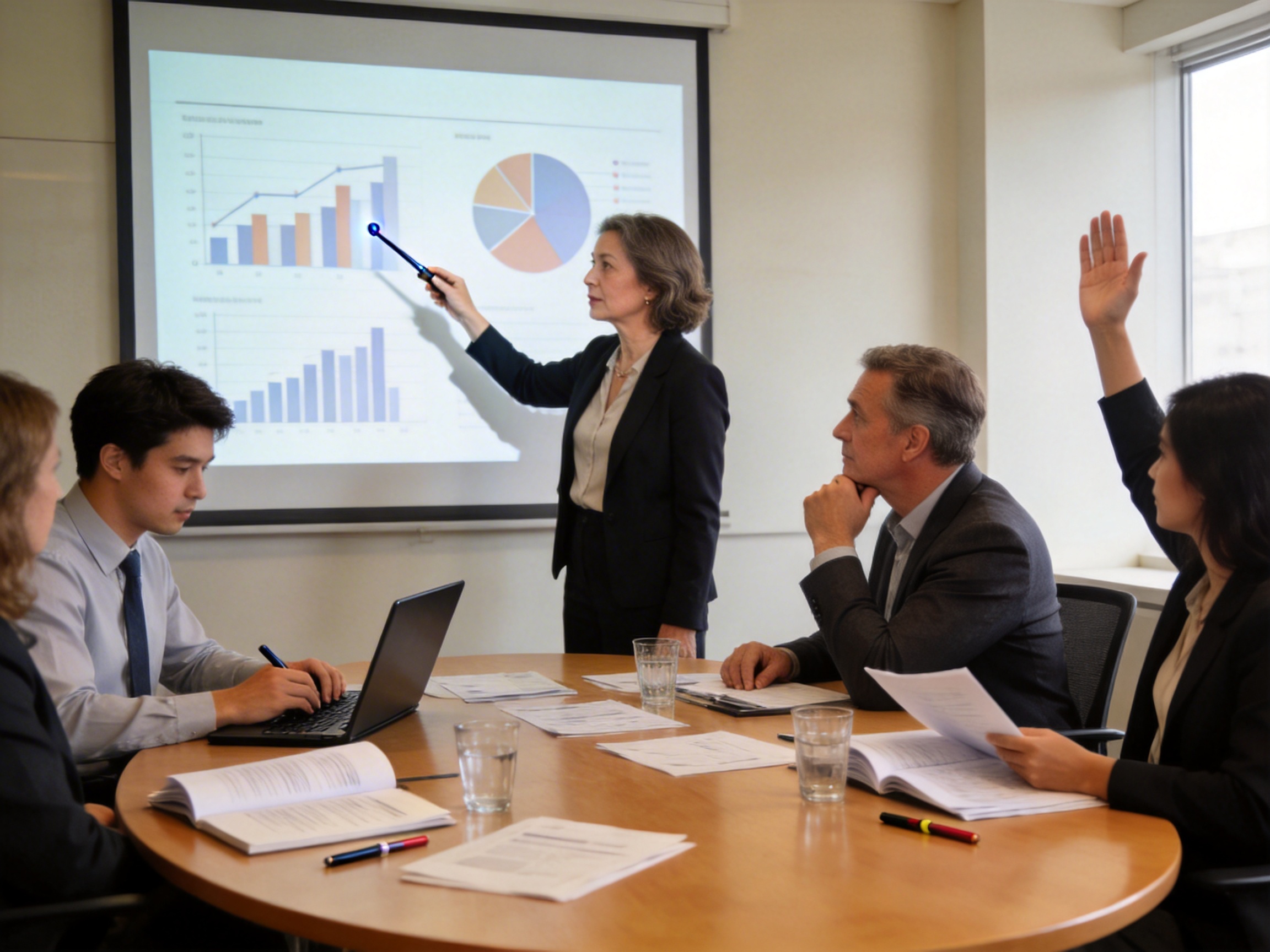 图中展示了一个明亮的办公会议场景。一位留着灰褐色短发的女性演讲者正站在投影幕布前，手持激光笔指向屏幕上的彩色柱状图和饼图。环绕圆桌坐着四位听众，他们穿着正式的商务服装，桌上摆放着笔记本电脑、文件、水杯和笔。画面色调温暖，光线从右侧窗户射入。

然而，画面中存在多处明显的 AI 生成缺陷：最显著的是右侧举手提问的女性，她的右手呈现出扭曲的形态，手指数量和关节结构异常，且手臂与身体的连接角度不自然。投影幕布上的文字和图表数据模糊不清，无法辨认具体内容。圆桌左侧男士手中的笔与手指融合在一起，且他操作笔记本电脑的手部细节也较为模糊。此外，桌上散落的文件边缘有些重叠异常，部分水杯的透视感略显生硬。尽管整体构图专业，但这些细节揭示了其 AI 生成的本质。