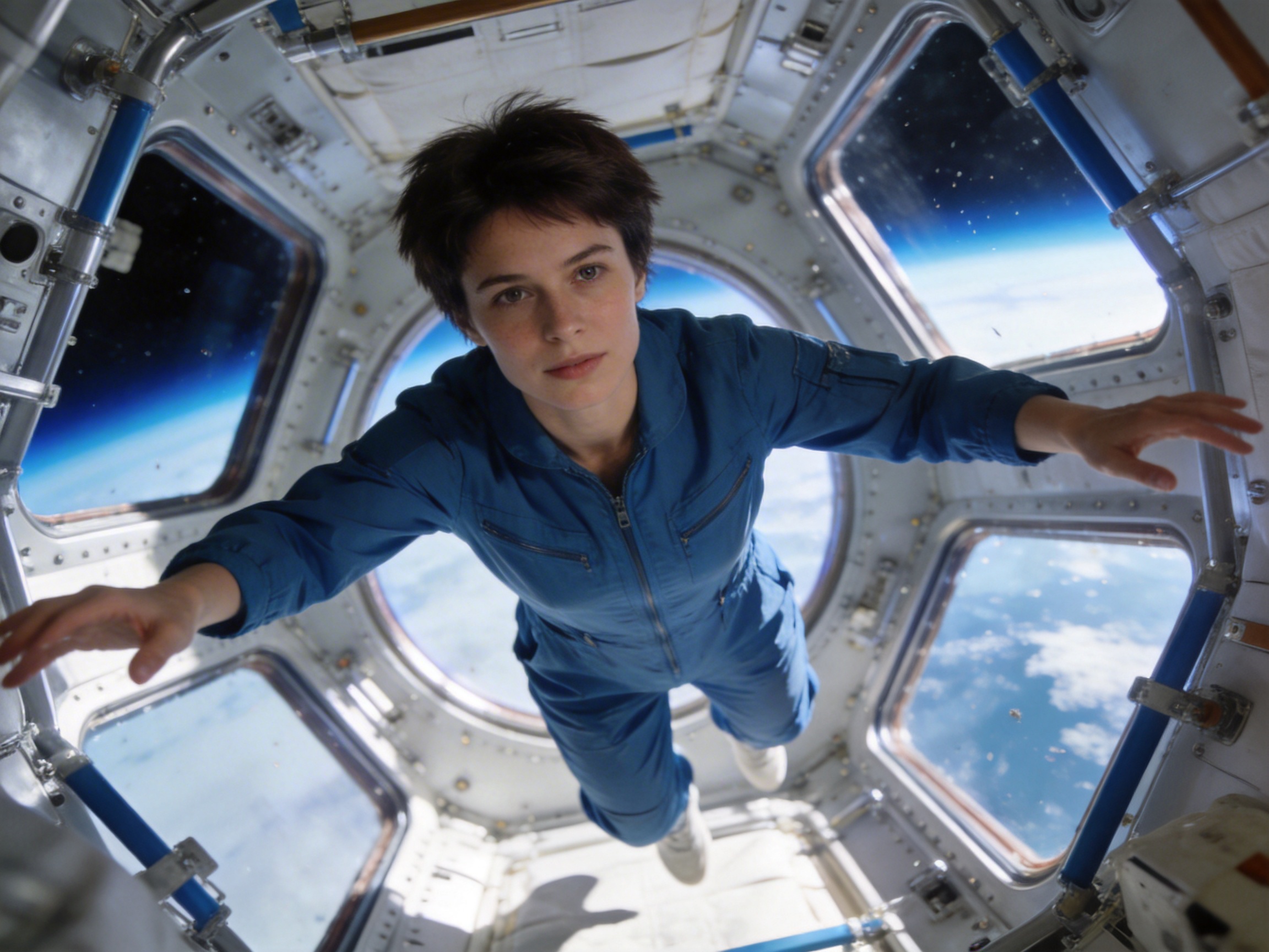 图中展示了一位留着深色短发的年轻女性宇航员，她身穿蓝色连体飞行服，正处于国际空间站内一个充满舷窗的圆形舱体中。她呈漂浮姿态，双臂向两侧伸展，目光平静地注视着镜头。背景的多个窗户透出深邃的太空黑影以及地球大气的蓝色边缘，阳光从窗外洒入，营造出一种静谧的科幻氛围。

画面中存在明显的 AI 生成缺陷：首先是人物的手部处理异常，左手（画面右侧）的手指线条模糊且扭曲，指节数量看起来不自然；右手（画面左侧）的大拇指与手掌连接处透视生硬。此外，舱体内部的机械结构细节缺乏逻辑，部分金属管道和螺栓的衔接显得杂乱且不符合工程常识。尽管整体构图具有冲击力，但这些细节处的形变揭示了其人工智能生成的特征。