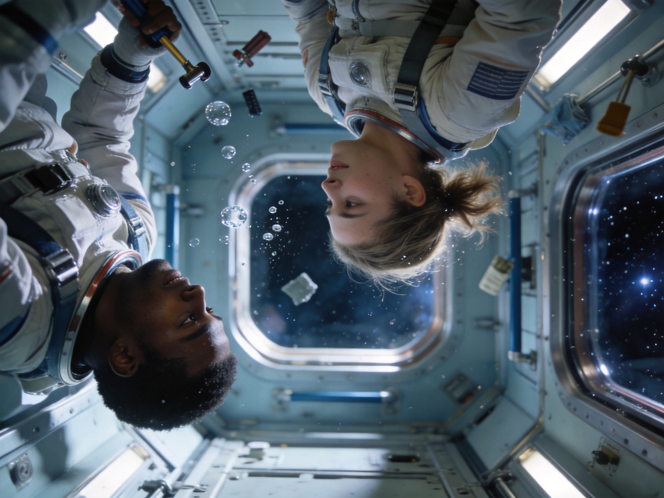 图中展示了一个充满科幻感的空间站内部场景，两名宇航员正处于失重状态。画面构图独特，采用了上下颠倒的视角：一名黑人男性宇航员位于画面左下角，头部向上仰望；另一名白人女性宇航员则从画面上方倒挂垂下，两人面面相觑，眼神中流露出宁静与好奇。他们身穿白色的专业宇航服，背景是冷色调的金属舱室，正中央有一扇圆形的舷窗，透出深邃的星空。空气中漂浮着许多晶莹剔透的水滴和零星的小零件，增强了真空失重的感觉。然而，画面中存在明显的 AI 生成缺陷：左侧男性的右手握持工具的方式极不自然，手指结构模糊且扭曲；女性宇航员手臂上的国旗标志细节混乱，无法辨认；此外，舱壁上的灯光和金属接缝在透视上略显生硬，部分漂浮物体的阴影逻辑与环境光源不符。