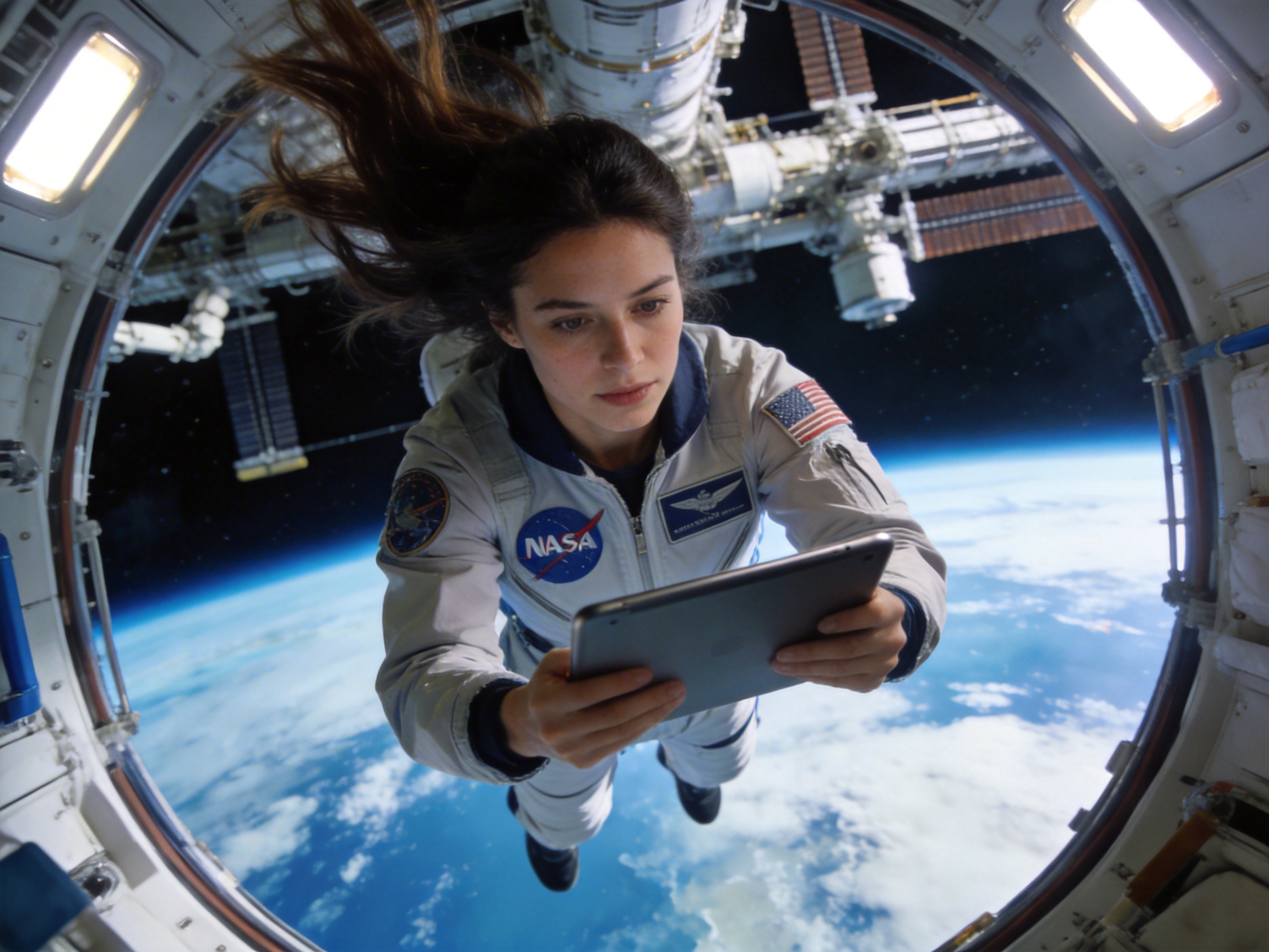 图中展示了一位年轻的女性宇航员在国际空间站的圆形舱门前漂浮。她留着深棕色的长发，在失重状态下向斜上方飘散，神情专注地低头操作着手中的平板电脑。她穿着一件带有 NASA 标志和美国国旗贴章的白色宇航服。背景通过巨大的圆形视窗呈现出壮丽的地球弧线，蔚蓝的海水与白云交织，窗外还能看到空间站的部分金属结构和太阳能电池板。画面构图以圆形窗户为框架，色彩明亮且富有科技感。

在 AI 生成的细节方面，存在一些明显的逻辑和结构缺陷。首先是手部处理异常，宇航员右手握持平板的方式显得僵硬，手指的关节连接不够自然；其次，宇航服上的文字标签模糊不清，无法辨认具体内容；最显著的缺陷在于空间逻辑，宇航员看起来像是漂浮在空间站外部的真空中，但她却没有佩戴头盔，且手中拿着民用电子设备，这在真实的太空环境中是不可能发生的。此外，她脚部的透视关系也略显局促和不自然。