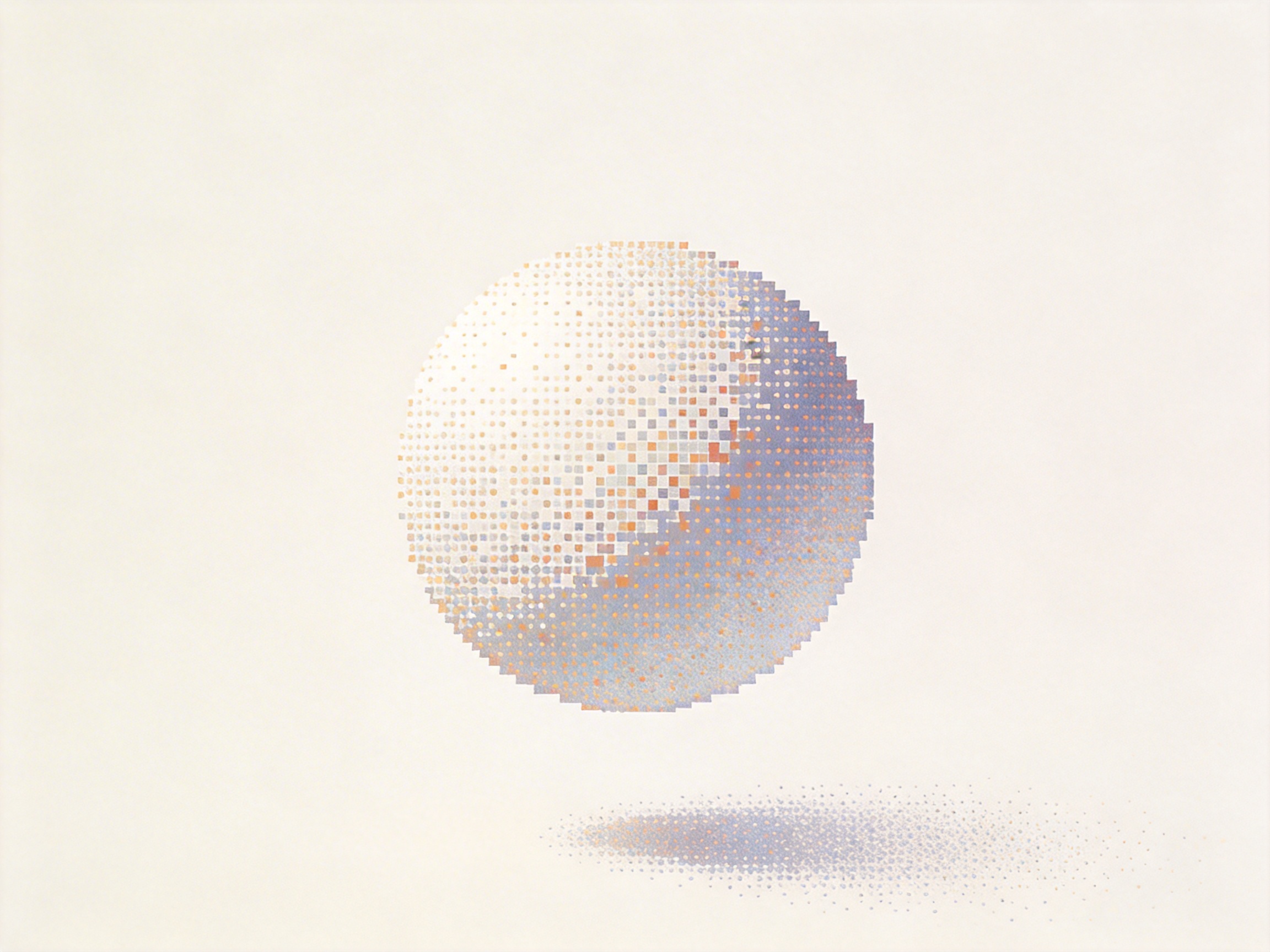 画面中展示了一个悬浮在米白色背景中央的球体。这个球体并非由平滑的表面组成，而是由无数细小的彩色像素点和方块构成的点阵艺术。球体的左上方呈现出明亮的乳白色，仿佛被光源照射，而右下方则逐渐过渡为淡紫色、浅蓝色和橘色的混合阴影，营造出立体感。球体的边缘呈现出明显的锯齿状像素效果。在球体下方的地面上，有一道由疏密不一的紫色和灰色圆点组成的横向投影，模拟了光线投射的效果。整幅画作风格简约，带有复古的计算机图形美感。作为 AI 生成的图像，其缺陷在于球体右侧边缘的像素排列显得有些杂乱，部分色块的分布逻辑不够自然，且投影的形状与球体本身的几何透视关系略显脱节，缺乏真实物理世界的连贯性。