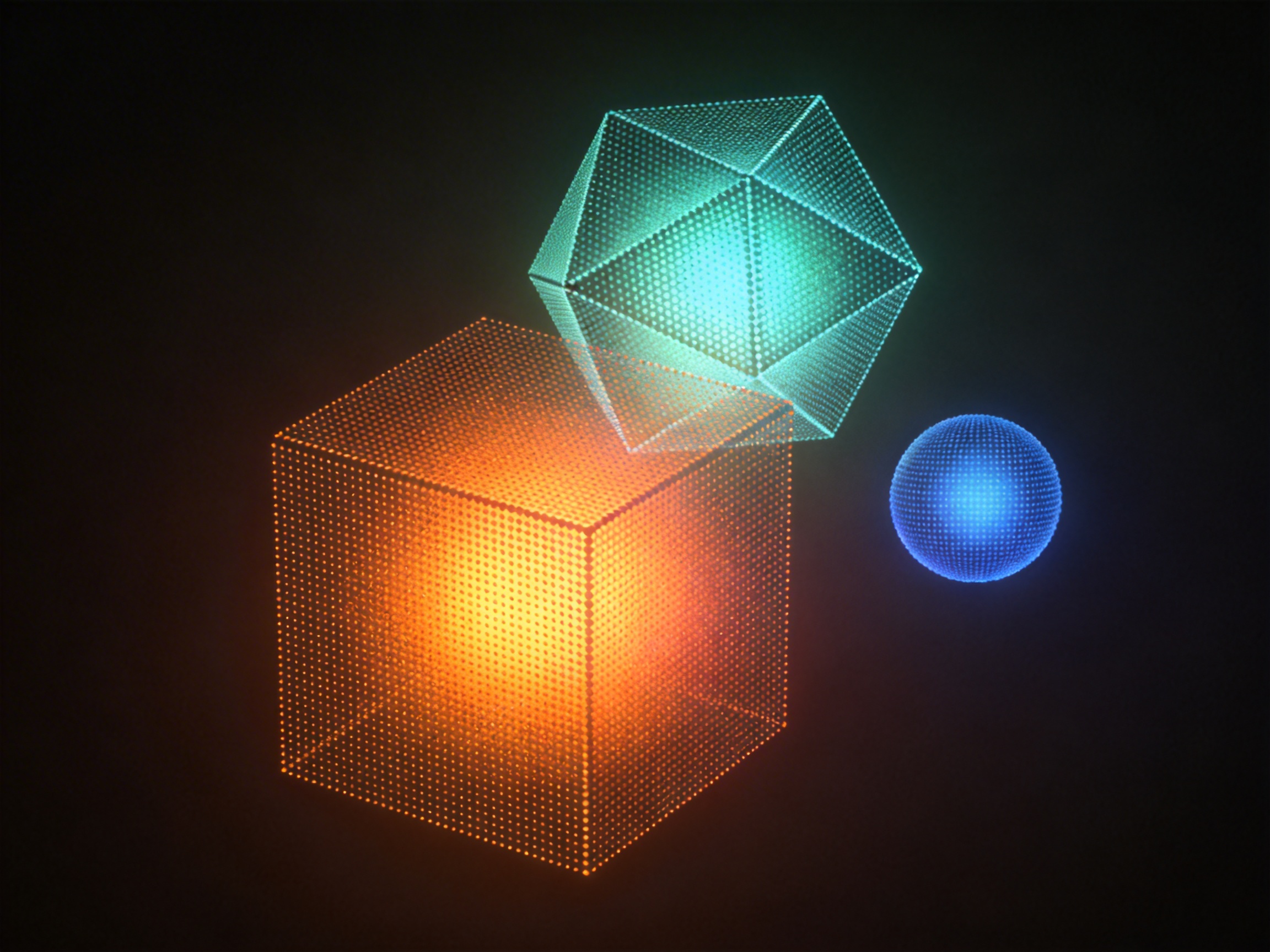 图中展示了三个悬浮在纯黑色背景中的几何体，它们呈现出一种科幻且具有未来感的数字艺术风格。画面左下方是一个巨大的正方体，散发着温暖的橙黄色光芒；其上方交叠着一个青绿色的二十面体，右侧则漂浮着一个较小的深蓝色球体。这些几何体并非实心，而是由无数细小的发光点阵构成的透明框架，内部透出明亮的中心光源，营造出一种半透明的体积感。构图简洁，色彩对比鲜明，光影在黑暗中具有很强的视觉冲击力。在 AI 生成的细节方面，可以观察到明显的透视和结构异常：上方青绿色多面体的棱角线条并不平直，点阵分布在交界处显得杂乱且不连贯，导致几何形状看起来有些扭曲变形；同时，正方体与多面体重叠的部分，光影的遮挡关系处理得不够自然，缺乏真实的物理空间感。